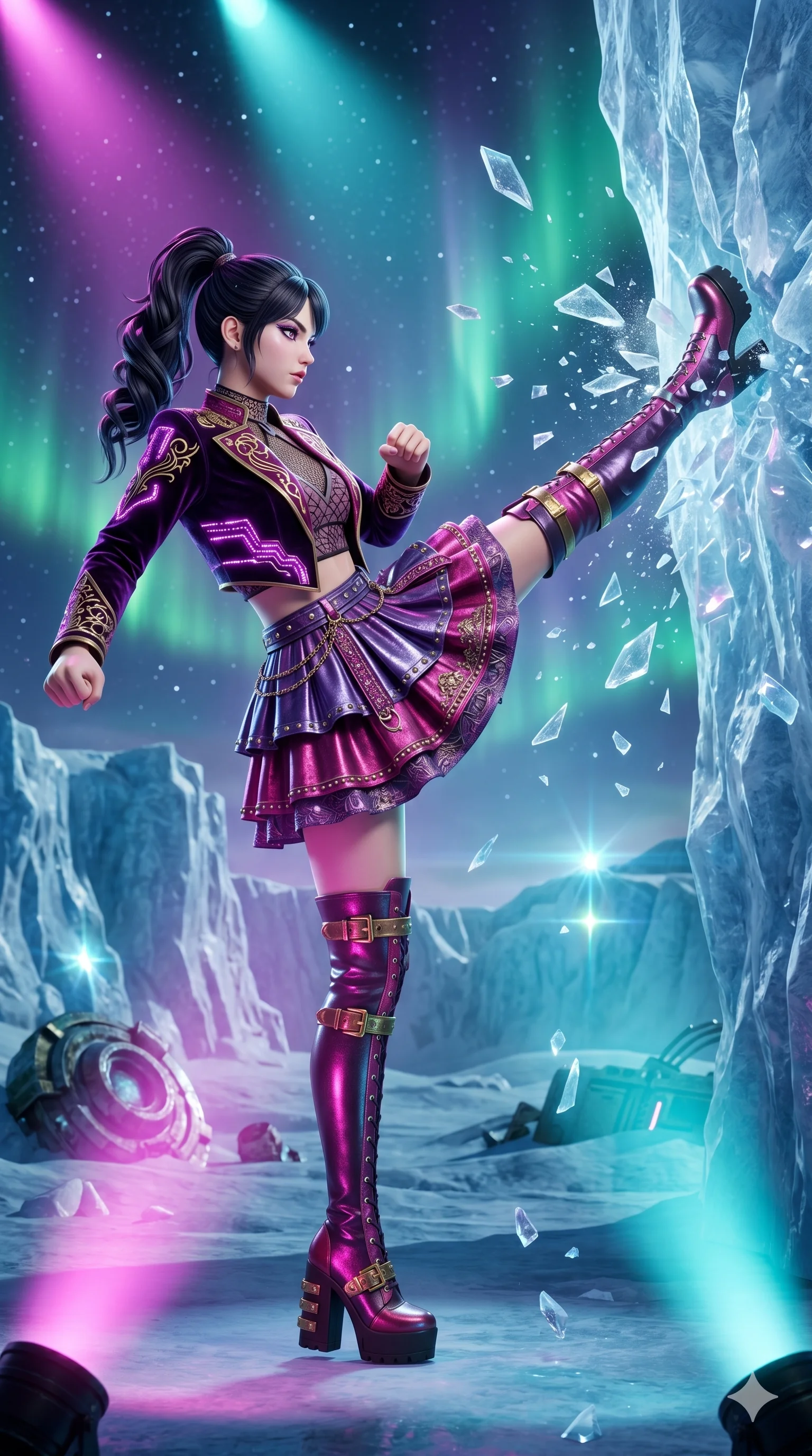 score_9, masterpiece, best quality, ultra-detailed, semi-realistic 3D game render, high-fidelity textures, Unreal Engine 5 style, Caucasian (strictly human ears) woman. Low angle cowboy shot capturing a powerful motion and statuesque presence. shattering a wall of ice with a powerful kick in a frozen wasteland. She has an graceful and slender female figure with elegant proportions. strictly human anatomy, two legs only, no extra limbs, clearly defined legs and arms, well-defined anatomy, perfect hands and fingers. sharp v-shaped jawline, high-bridge nose, intricate jewel-like eyes, thick eyelashes, glossy lips. Wearing K-Idol Stage: Dazzling K-Idol stage outfit with stylish layers, decorative accents, and high-fashion boots. The scene is illuminated by dramatic atmospheric lighting and vibrant color palettes. , 2k, ultra detail, master piece, 9:16 ratio