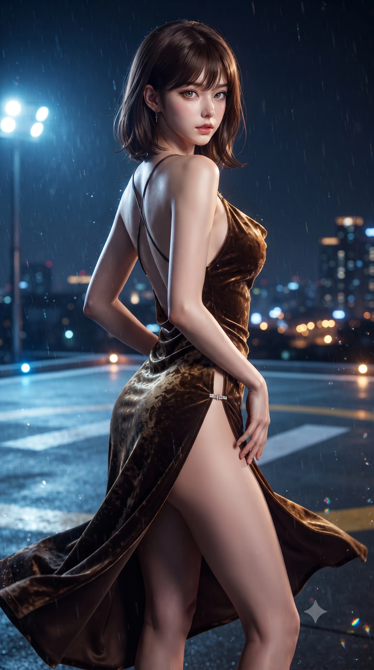 score_9, masterpiece, best quality, ultra-detailed, high-budget anime keyframe, editorial fashion photography, tasteful artistic composition, Korean woman. close-up cowboy shot from the waist and thighs up, the character dominates the composition, filling the frame with her large presence. arching her spine backward with effortless dancer poise, one hand sliding along her hip line as directional light carves specular highlights along her silhouette while standing poised at the center of the rooftop helipad facing the gale-force night wind, arching her spine in pure exhilaration as her dress flutters violently. The composition keeps background elements in soft focus with creamy bokeh. drifting rain mist particles and helipad perimeter LED lights scattering sparkling chromatic light motes. She has an exceptionally elegant, slender, and willowy female figure with an ultra-slim waist, flat toned midriff, narrow ribcage, and sculpted feminine hips creating an alluring, slim hourglass silhouette without bulk. sharp v-shaped jawline, high-bridge nose, intricate jewel-like eyes with depth, thick eyelashes, glossy parted lips with a natural sheen, intensely captivating and seductive bedroom-eyes expression, flawlessly proportioned anatomical accuracy, strict slender model proportions, natural body alignment, perfectly sculpted long slender limbs, ultra-slim waistline, clean dynamic posture without body distortion. wearing a backless cowl-neck satin slip dress featuring high-cut side hip slits and delicate criss-cross back straps in dark espresso brown and molten gold foil, crafted from heavyweight crushed silk velvet with liquid vintage luster, finished with an ultra-high side slit secured by miniature jeweled clasps, the precision-cut side openings and low-back scoop framing her graceful spine and the sensual sweep of her slim, toned hips. bathed in cool blue helipad floodlights and ambient golden metropolis glow from below. ultra-reflective glossy finish, specular highlights, rich textural contrasts, high-contrast stereoscopic depth, volumetric dynamic lighting, 2k, ultra detail, master piece, 9:16 ratio