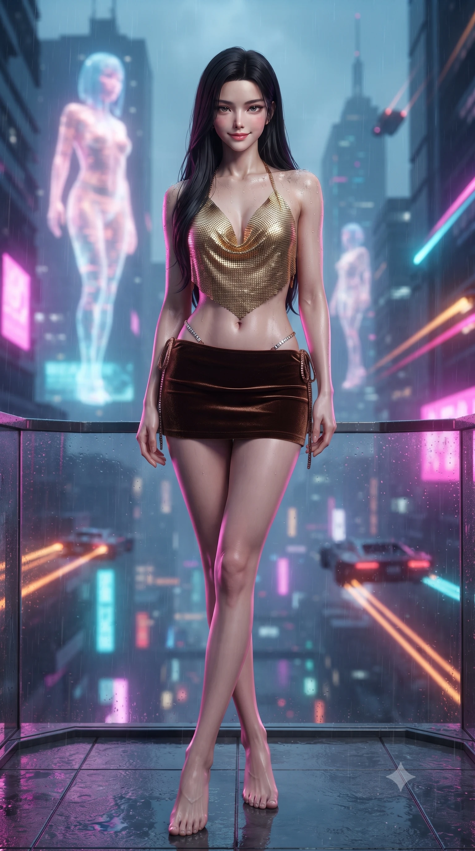 score_9, masterpiece, best quality, ultra-detailed, high-budget anime keyframe, editorial fashion photography, tasteful artistic composition, Korean woman. low angle full-body shot from head to toe showing her feet, filling the entire 9:16 vertical frame with her statuesque presence, stretching her vertical silhouette. lounging on the lavish daybed with legs crossed and hips angled toward the camera, displaying her toned midriff and long slender limbs with effortless siren poise while standing tall on the cantilevered glass terrace high above the rainy neon city, arching her back with breathless cyber-siren presence. The background shows a soft-focus monumental holographic advertising figures floating in mid-air, rainy neon skyscrapers, and flying vehicle trails blurred into electric fuchsia, cyan, and amber bokeh. She has an absolutely perfect, statuesque 8.5-heads proportion, an exceptionally tall and slender model-like female figure with impossibly long slender legs, an ultra-slim waist, a flat toned midriff, narrow delicate ribcage, and beautifully sculpted feminine hips creating a graceful, slim hourglass silhouette without any bulky heaviness. sharp v-shaped jawline, high-bridge nose, sparkling eyes with hypnotic seductive depth, thick curled eyelashes, glossy parted lips with a natural dewy peach sheen, alluring bedroom-eyes with an enchanting coquettish smile, exuding magnetic siren charisma and sophisticated glamour, flawlessly proportioned anatomical accuracy, strict slender model proportions, natural body alignment, perfectly sculpted long slender limbs, ultra-slim waistline, clean dynamic posture without body distortion. wearing a liquid gold chainmail cowl halter top paired with an ultra-low-rise velvet mini skirt and side rhinestone ties in sultry espresso bronze and metallic copper, made of sheer gossamer chiffon that drapes softly against skin with airy translucence, finished with glistening drops of pool water beading across her sculpted shoulders and collarbones, the form-contouring silhouette accentuating her sculpted flat midriff, narrow delicate ribcage, and gracefully curvy hips with intoxicating allure. illuminated by wet floor specular reflections and sharp magenta-cyan rim lights sculpting her razor-sharp jawline, narrow waist, and curvy hips. ultra-reflective glossy finish, specular highlights, rich textural contrasts, high-contrast stereoscopic depth, volumetric dynamic lighting, 2k, ultra detail, master piece, 9:16 ratio