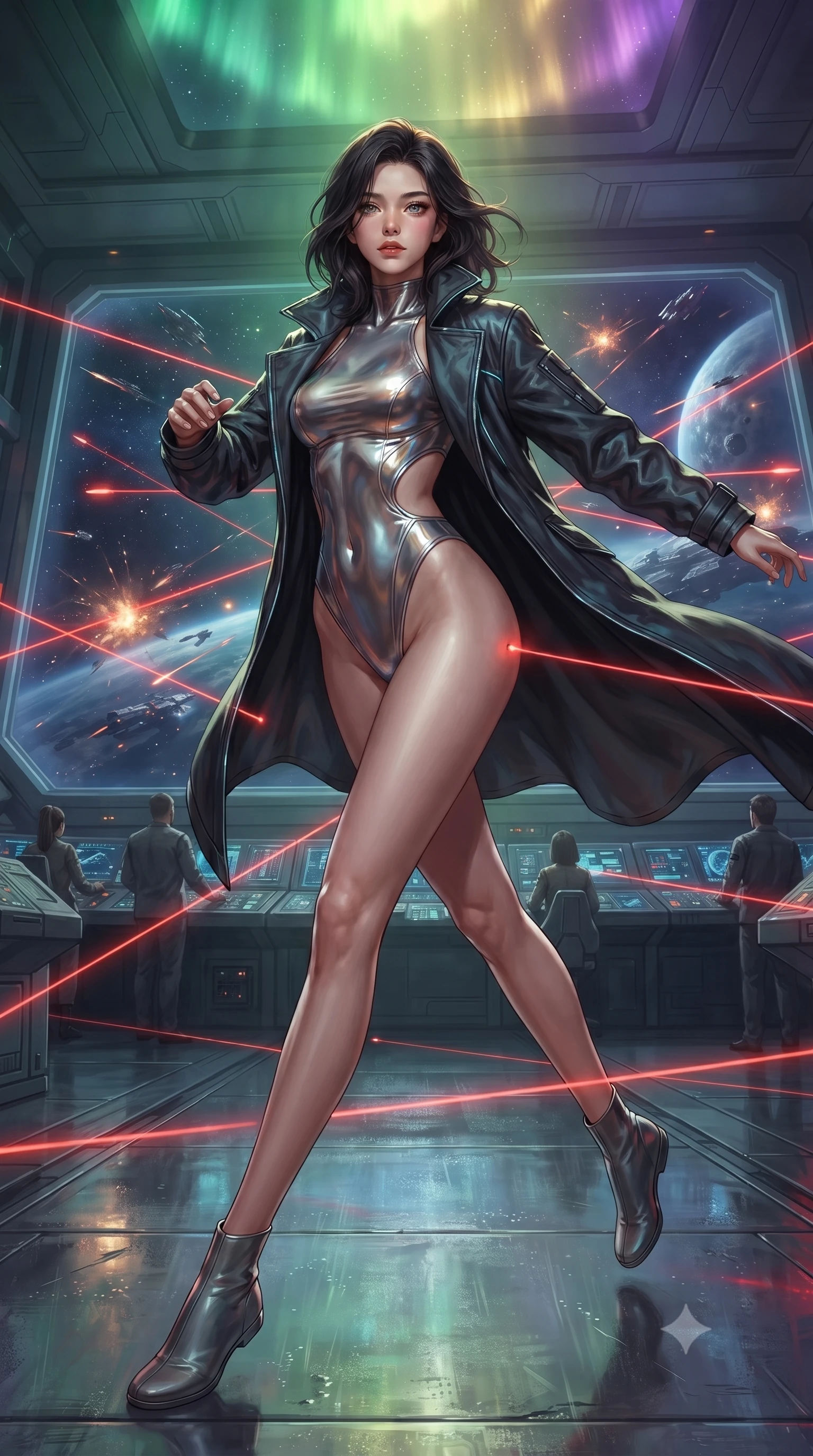 score_9, masterpiece, best quality, ultra-detailed, high-budget anime keyframe, editorial fashion photography, tasteful artistic composition, realistic cosplay photography, Korean woman. low angle full-body shot from head to toe showing her feet, filling the entire 9:16 vertical frame with her statuesque presence, stretching her vertical silhouette. dashing through rain-slicked cyberpunk alleyways, dodging laser tripwires with fluid agility through the bridge of a massive fleet flagship, officers in soft focus, and a giant panoramic window showing a space battle of lasers. She has a statuesque 8.5-heads proportion, an exceptionally tall, slender and willowy model-like build with impossibly long legs and a highly sculpted ultra-slim waist. sharp v-shaped jawline, high-bridge nose, intricate jewel-like eyes with depth, thick eyelashes, glossy lips with a natural sheen. wearing catching and diffusing the glowing particles, shimmering softly in response to the surrounding light, a body-hugging liquid-mercury bodysuit with high-cut legs and side torso cutouts, layered under a long open cyber-detective trench coat. illuminated by a shifting aurora palette of green violet and gold from above. ultra-reflective glossy finish, specular highlights, metallic sheen, high-contrast stereoscopic depth, volumetric dynamic lighting, 2k, ultra detail, master piece, 9:16 ratio
