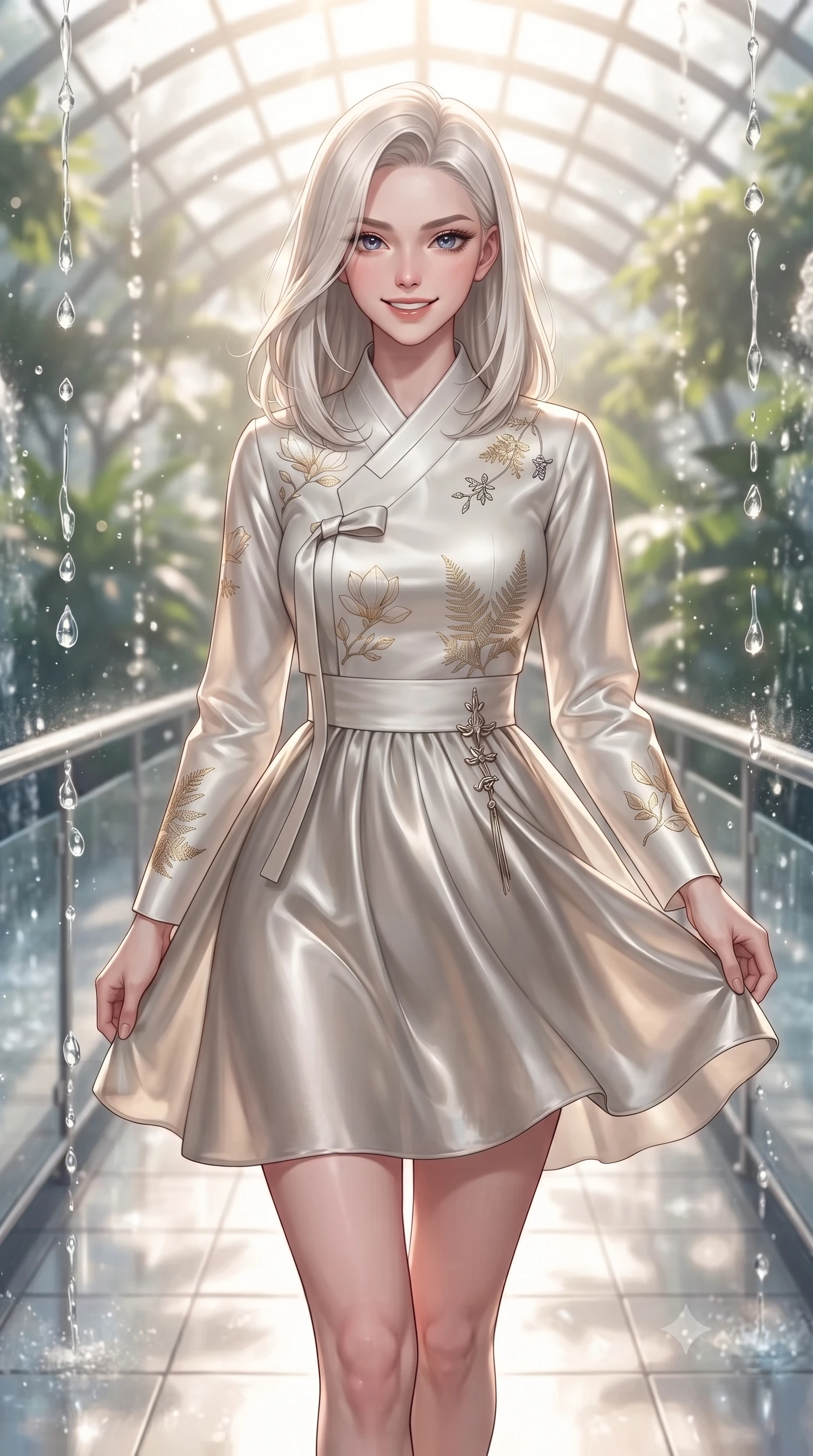 score_9, masterpiece, best quality, ultra-detailed, high-budget anime keyframe, editorial fashion photography, tasteful artistic composition, Caucasian woman. close-up cowboy shot from the waist and thighs up, the character dominates the composition, filling the frame with her large presence, background elements kept in soft focus. Smiling with quiet, magnetic self-assurance directly into the lens walking along a platinum-framed glass walkway in a sunlit botanical dome, translucent water droplets cascading down platinum fountains. She has an exceptionally elegant, slender, and willowy female figure with an ultra-slim waist, a gracefully sculpted slender torso, and a refined silhouette. sharp v-shaped jawline, high-bridge nose, intricate jewel-like eyes with depth, thick eyelashes, glossy lips with a natural sheen. wearing a modern fusion silk hanbok dress with a structured bodice and flowing chiffon skirt, the tailored fabric tightly following every curve of her athletic build. illuminated by brilliant sunbeams casting organic leaf stencil shadows. ultra-reflective glossy finish, specular highlights, metallic sheen, high-contrast stereoscopic depth, volumetric dynamic lighting, 2k, ultra detail, master piece, 9:16 ratio