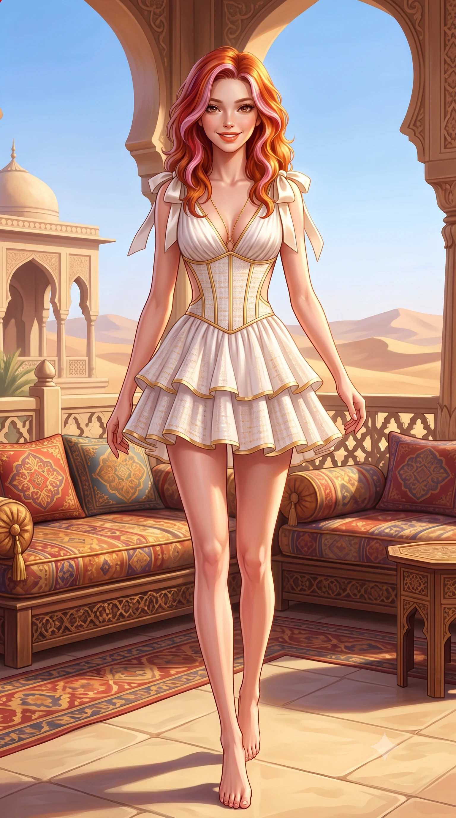 score_9, masterpiece, best quality, ultra-detailed, high-budget anime keyframe, semi-realistic 3D game render, editorial fashion photography, tasteful artistic composition, Caucasian woman. low angle full-body shot from head to toe showing her feet, filling the entire 9:16 vertical frame with her statuesque presence, stretching her vertical silhouette. stepping forward gracefully across the terrace in mid-motion with a radiant beaming smile, hips swaying in an alluring kinetic rhythm that accentuates her curvy hourglass silhouette and long slender legs while lounging across an Arabian silk majlis daybed with one knee bent, her long slender legs and flat midriff radiating golden sun-kissed charisma. The surrounding environment is rendered in vivid detail and crisp panoramic clarity. detailed liquid silk gown texture, gold body chain gleam, and royal desert pavilion architecture in high resolution. She has an exceptionally tall and slender model-like 8.5-heads proportion, an ultra-slim waist, a flat toned midriff, narrow delicate ribcage, and beautifully sculpted feminine hips creating a graceful, slim hourglass silhouette without any bulky heaviness, with impossibly long slender legs. sharp v-shaped jawline, high-bridge nose, sparkling amber-hazel eyes with depth, long lush eyelashes, glossy sun-kissed lips with a warm coral glaze, radiant teasing smile with sensual sunlit bedroom-eyes, exuding effortless old-money elegance and intoxicating sun-drenched allure, flawlessly proportioned anatomical accuracy, strict slender model proportions, natural body alignment, perfectly sculpted long slender limbs, ultra-slim waistline, clean dynamic posture without body distortion. wearing a tiered ruffled chiffon resort mini dress with an ultra-slim corseted waist and open back in pure alabaster white and molten gold accents, tailored from soft pastel resort tweed with subtle gold thread shimmer, finished with cute satin bow ribbons tying at the shoulders, the precision-cut side openings and low-back scoop framing her graceful spine and the sensual sweep of her slim, sun-kissed hips. illuminated by desert sand bounce fill and sharp warm-gold rim lights carving her razor-sharp jawline, narrow waist, and curvy hips. highly saturated vibrant anime colors, detailed shading with soft gradients, rich glossy textures, high-contrast stereoscopic depth, volumetric dynamic lighting, master piece, 9:16 ratio