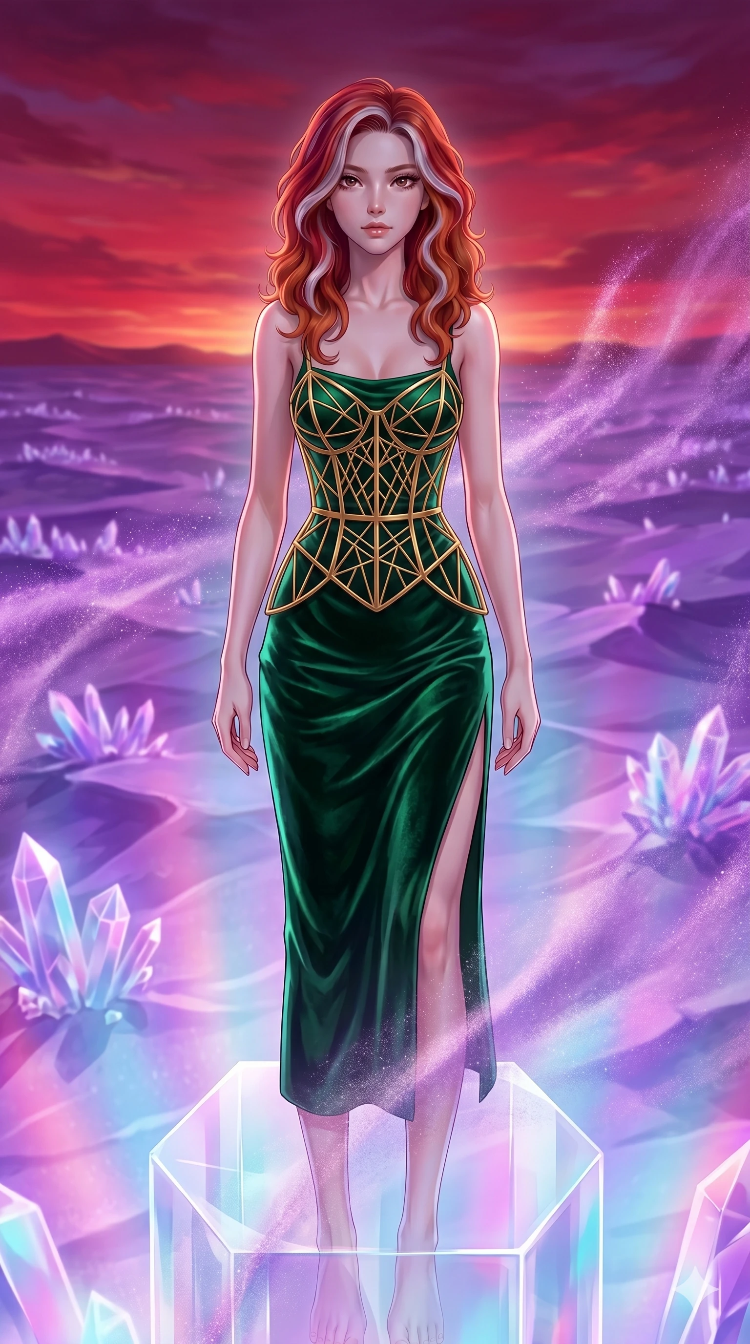 score_9, masterpiece, best quality, ultra-detailed, high-budget anime keyframe, Caucasian woman, strictly human ears. upper body close-up from the thighs up, character filling the screen for maximum presence. standing atop a transparent salt crystal tower in a purple crystalline desert as winds blow shimmering purple dust under a crimson sunset. She has an absolutely perfect 8-heads proportion, an exceptionally tall and slender female figure with impossibly long slender legs and an ultra-slim waist. V-shaped jawline, high-bridge nose, intricate jewel-like eyes with depth, thick eyelashes, glossy lips with a natural sheen.. wearing a mathematical gold wire cage corset and an emerald green silk velvet slip dress with a thigh-high side slit. enhanced by a luminous pastel spectrum glow, casting elegant rim lights on her shoulders and jawline. 2k, ultra detail, master piece, 9:16 ratio