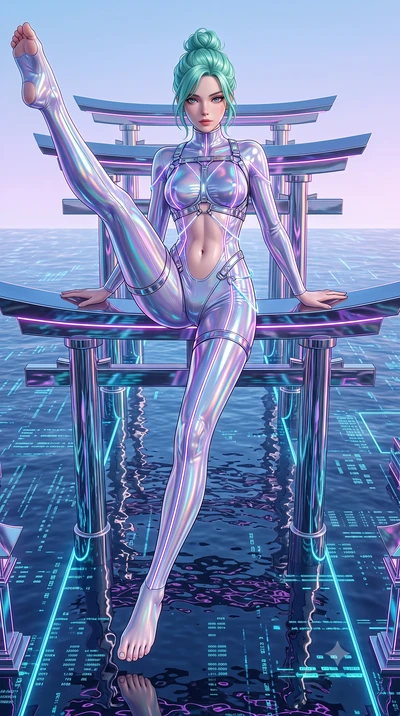 score_9, masterpiece, best quality, ultra-detailed, high-budget anime keyframe, semi-realistic 3D game render, editorial fashion photography, tasteful artistic composition, Japanese woman. low angle full-body shot from head to toe showing her feet, f