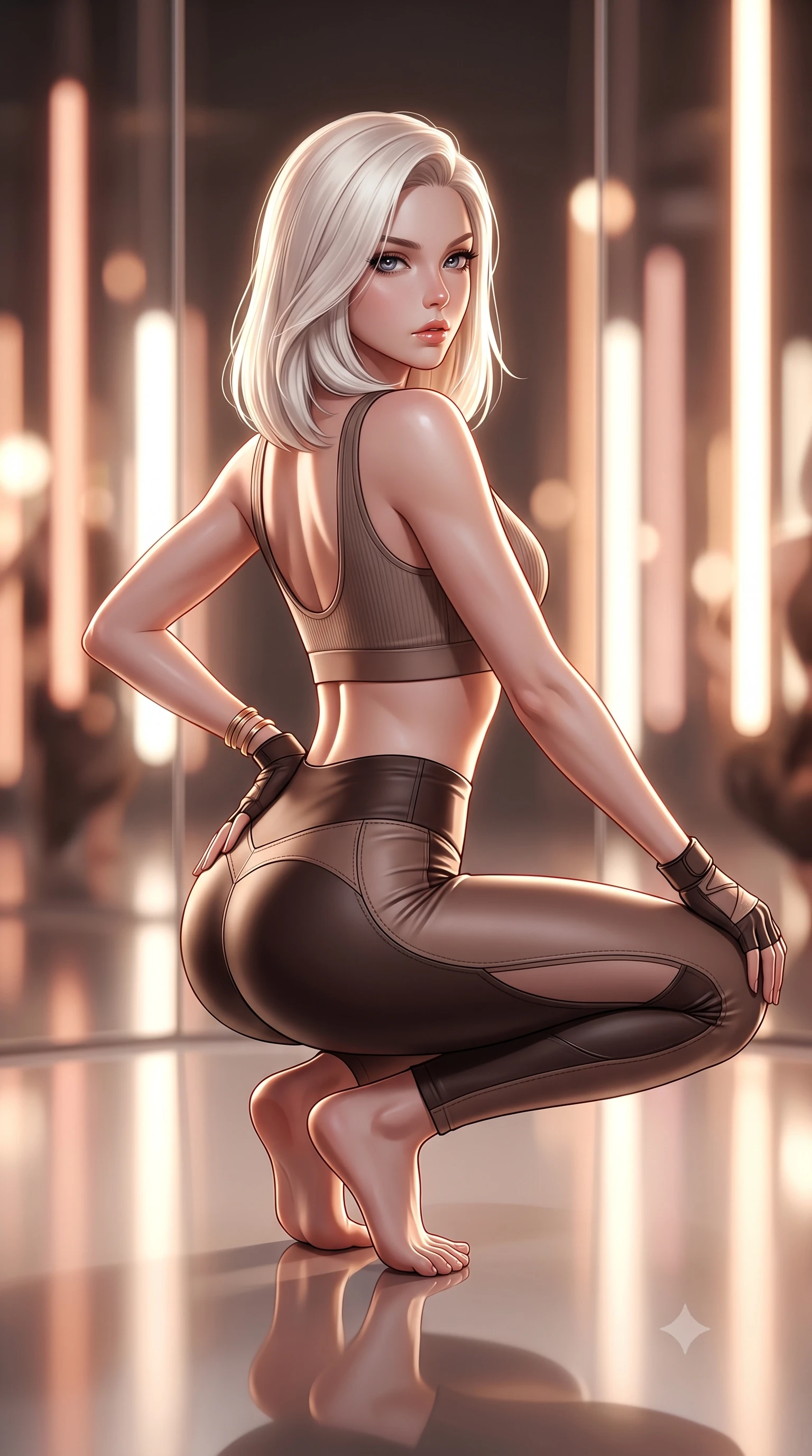score_9, masterpiece, best quality, ultra-detailed, high-budget anime keyframe, semi-realistic 3D game render, editorial fashion photography, tasteful artistic composition, Caucasian woman. close-up cowboy shot from the waist and thighs up, the character dominates the composition, filling the frame with her large presence. arching her spine backward with effortless dancer poise, one hand sliding along her hip line as directional light carves specular highlights along her silhouette while crouching in a low, balanced dancer plié on the reflective floor, her athletic feminine curves and toned hips creating a breathtaking line. The composition keeps background elements in soft focus with creamy bokeh. infinite studio mirror reflections and warm vertical light tubes blurred into glowing amber, rose-gold, and ivory bokeh. She has an exceptionally elegant, slender, and willowy female figure with an ultra-slim waist, a gracefully sculpted slender torso, toned flat midriff, and rounded feminine hips creating an alluring hourglass silhouette. sharp v-shaped jawline, high-bridge nose, intricate jewel-like eyes with depth, thick eyelashes, glossy parted lips with a natural sheen, intensely captivating and seductive bedroom-eyes expression, flawlessly proportioned anatomical accuracy, strict slender model proportions, natural body alignment, perfectly sculpted long slender limbs, ultra-slim waistline, clean dynamic posture without body distortion. wearing a seamless ribbed athletic crop top paired with ultra-high-waisted sculpting leggings accentuating her glutes in mocha taupe and dark espresso, tailored from supple stretch leather with precision-stitched seams, accessorized with fingerless athletic wrap gloves and minimalist gold cuffs, the precision-cut side openings and low-back scoop framing her graceful spine and the sensual sweep of her hips. illuminated by crisp specular rim lights accentuating her narrow waist, curved hips, and long legs. highly saturated vibrant anime colors, detailed shading with soft gradients, rich glossy textures, high-contrast stereoscopic depth, volumetric dynamic lighting, master piece, 9:16 ratio
