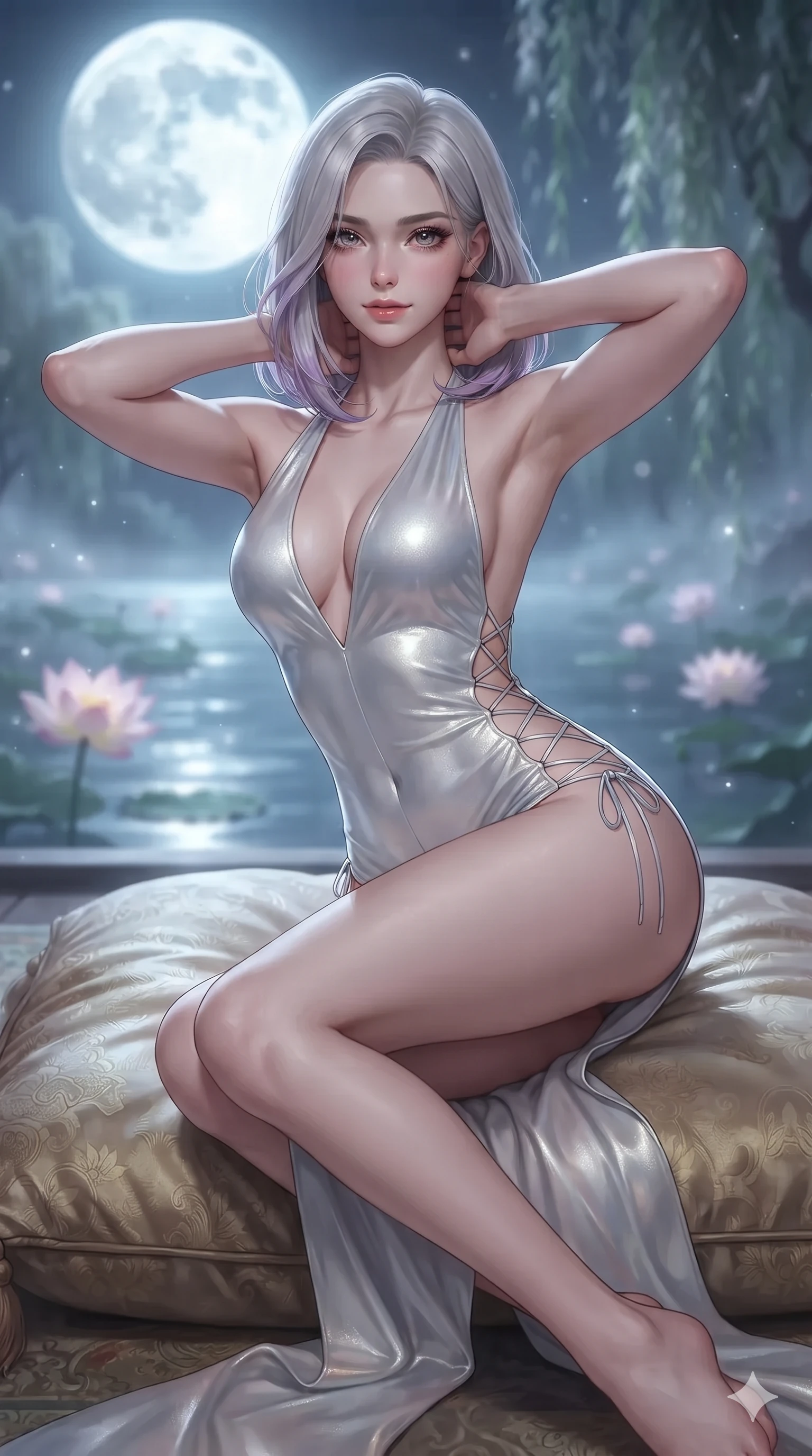 score_9, masterpiece, best quality, ultra-detailed, high-budget anime keyframe, editorial fashion photography, tasteful artistic composition, Caucasian woman. close-up cowboy shot from the waist and thighs up, the character dominates the composition, filling the frame with her large presence. resting both hands lightly behind her neck with elbows raised, arching her spine to highlight her narrow waist, flat midriff, and breathtaking collarbones while lounging languidly on an antique silk floor cushion propped on one elbow, her flat midriff and long slender legs commanding the moonlit pavilion vista. The background shows a soft-focus the giant glowing harvest full moon, floating lotus blossoms, and misty willow trees blurred into silver, jade, and amethyst bokeh. She has an exceptionally elegant, slender, and willowy female figure with an ultra-slim waist, flat toned midriff, narrow ribcage, and sculpted feminine hips creating an alluring, slim hourglass silhouette without bulk. sharp v-shaped jawline, high-bridge nose, sparkling eyes with hypnotic seductive depth, thick curled eyelashes, glossy parted lips with a natural dewy peach sheen, alluring bedroom-eyes with an enchanting coquettish smile, exuding magnetic siren charisma and sophisticated glamour, flawlessly proportioned anatomical accuracy, strict slender model proportions, natural body alignment, perfectly sculpted long slender limbs, ultra-slim waistline, clean dynamic posture without body distortion. wearing a backless liquid metallic lamé plunge halterneck jumpsuit with high-cut side hip cutouts in celestial pearl white and moonlight platinum, woven from metallic lurex thread casting radiant starlight glints across her silhouette, featuring fine criss-cross lace-up side ties revealing tantalizing glimpses of her hip curve, the precision-cut side openings and low-back scoop framing her graceful spine and the sensual sweep of her slim, toned hips. illuminated by pond surface moonbeam bounce and sharp platinum rim lights sculpting her razor-sharp jawline, narrow waist, and curvy hips. ultra-reflective glossy finish, specular highlights, rich textural contrasts, high-contrast stereoscopic depth, volumetric dynamic lighting, 2k, ultra detail, master piece, 9:16 ratio