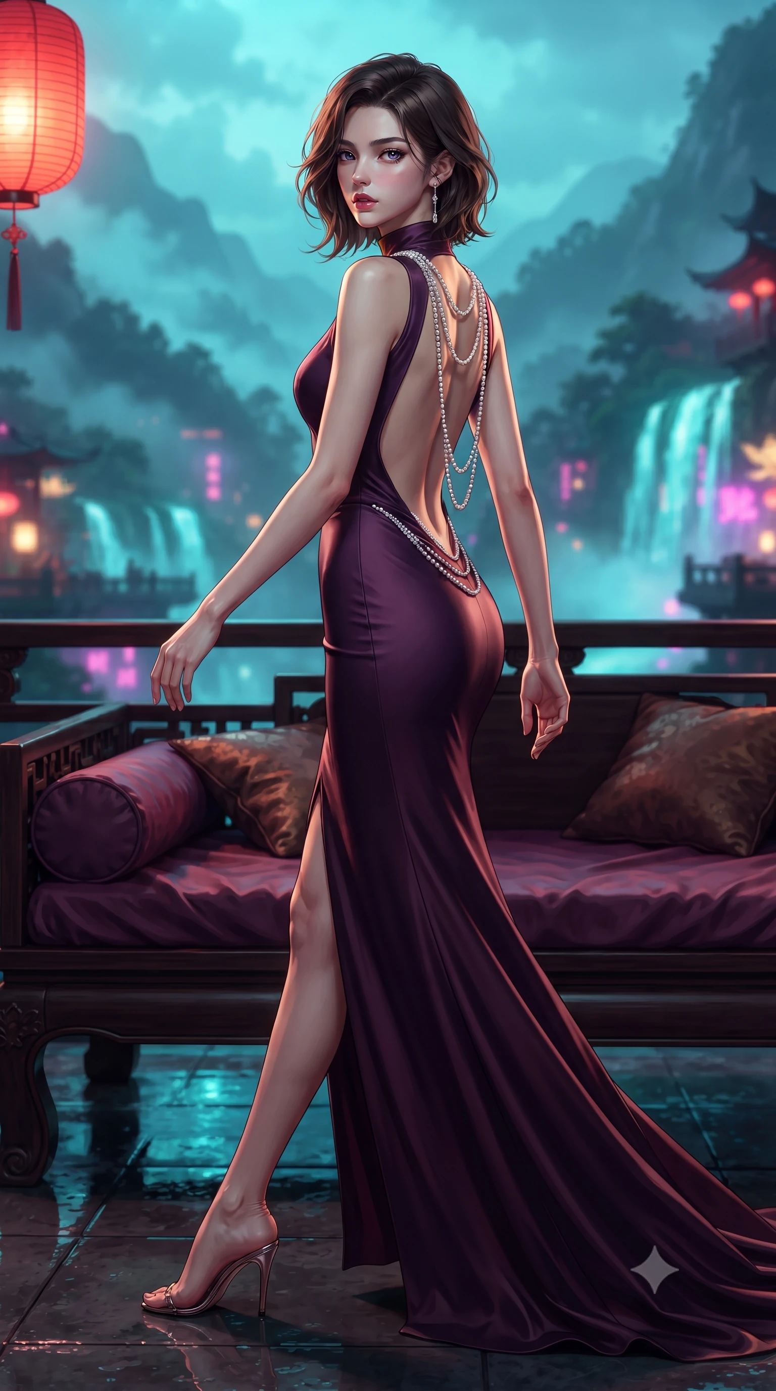 score_9, masterpiece, best quality, ultra-detailed, high-budget anime keyframe, editorial fashion photography, tasteful artistic composition, Korean woman. low angle full-body shot from head to toe showing her feet, filling the entire 9:16 vertical frame with her statuesque presence, stretching her vertical silhouette. striding forward in a proud supermodel runway stride, hips swaying in an alluring kinetic rhythm that accentuates her curvy hourglass silhouette while reclining on a lacquered daybed on the high-altitude tea terrace, her long slender legs and curvy hips bathed in warm scarlet lantern glow and cyan rain reflections. The composition keeps background elements in soft focus with creamy bokeh. coastal mountain fog ribbons and cascading neon water plumes softened in moody cyberpunk shallow focus. She has an exceptionally tall and slender model-like 8.5-heads proportion, an ultra-slim waist, a flat toned midriff, narrow delicate ribcage, and beautifully sculpted feminine hips creating a graceful, slim hourglass silhouette without any bulky heaviness, with impossibly long slender legs. sharp v-shaped jawline, high-bridge nose, intricate jewel-like eyes with depth, thick eyelashes, glossy parted lips with a natural sheen, intensely captivating and seductive bedroom-eyes expression, flawlessly proportioned anatomical accuracy, strict slender model proportions, natural body alignment, perfectly sculpted long slender limbs, ultra-slim waistline, clean dynamic posture without body distortion. wearing a liquid-silk jersey evening gown with an ultra-deep plunging open back descending to the base of her spine and a sculpted hip-hugging skirt in deep plum violet and antique bronze, tailored from liquid silk jersey adhering flawlessly to her slender build, accented with a multi-strand pearl back necklace cascading down her bare spine to her hips, the second-skin form-contouring cut accentuating her sculpted flat midriff, narrow delicate ribcage, and gracefully curvy hips with supermodel precision. illuminated by wet specular timber bounce lights sculpting her razor-sharp jawline, narrow waist, and curvy hips. ultra-reflective glossy finish, specular highlights, rich textural contrasts, high-contrast stereoscopic depth, volumetric dynamic lighting, 2k, ultra detail, master piece, 9:16 ratio