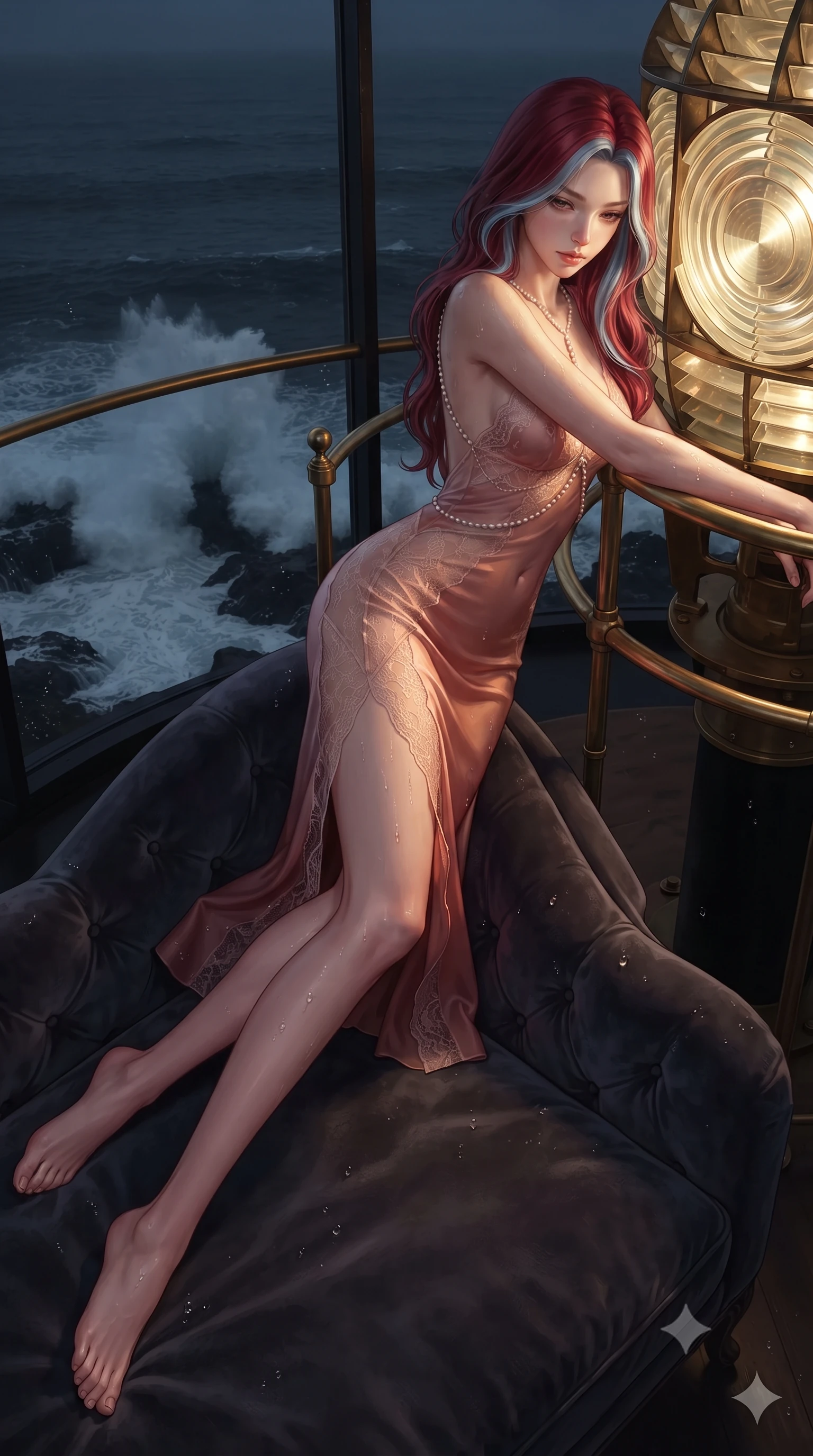 score_9, masterpiece, best quality, ultra-detailed, high-budget anime keyframe, editorial fashion photography, tasteful artistic composition, Caucasian woman. low angle full-body shot from head to toe showing her feet, filling the entire 9:16 vertical frame with her statuesque presence, stretching her vertical silhouette. reclining gracefully across the plush chaise lounge with one leg extended, her sculpted silhouette and flat midriff radiating magnetic nocturnal glamour while leaning against the curved brass lens rail with hips cocked back, looking down at colossal white foam breakers crashing on dark reefs with smoldering bedroom-eyes. The surrounding environment is rendered in vivid detail and crisp panoramic clarity: sharp brass lens frame hardware, concentric prisms of the antique Fresnel lens, and dark sea spray droplet clarity in deep focus. She has an exceptionally tall and slender model-like 8.5-heads proportion, an ultra-slim waist, a flat toned midriff, narrow delicate ribcage, and beautifully sculpted feminine hips creating a graceful, slim hourglass silhouette without any bulky heaviness, with impossibly long slender legs. sharp v-shaped jawline, high-bridge nose, intricate jewel-like sparkling eyes with depth, thick eyelashes, glossy parted lips with a natural peach sheen, bright cheerful beaming smile with an enchanting and coquettish sensual glint, exuding both youthful cute charm and seductive allure, flawlessly proportioned anatomical accuracy, strict slender model proportions, natural body alignment, perfectly sculpted long slender limbs, ultra-slim waistline, clean dynamic posture without body distortion. wearing a form-contouring gossamer silk chiffon slip dress with a hip-high slit and open cowl back clinging with dewy moisture in rose-quartz blush and burnished copper, made of delicate semi-sheer French Chantilly lace with intricate eyelash edges, accented with a pearl-drop body harness subtly framing her dewy collarbones and spine, the glove-like clinging cut tightly following the natural contour of her hips and long slender legs with youthful 8.5-heads elegance. bathed in the powerful rotating 3200K golden beam of the lighthouse lens contrasted with deep navy ocean twilight. ultra-reflective glossy finish, specular highlights, rich textural contrasts, high-contrast stereoscopic depth, volumetric dynamic lighting, 2k, ultra detail, master piece, 9:16 ratio