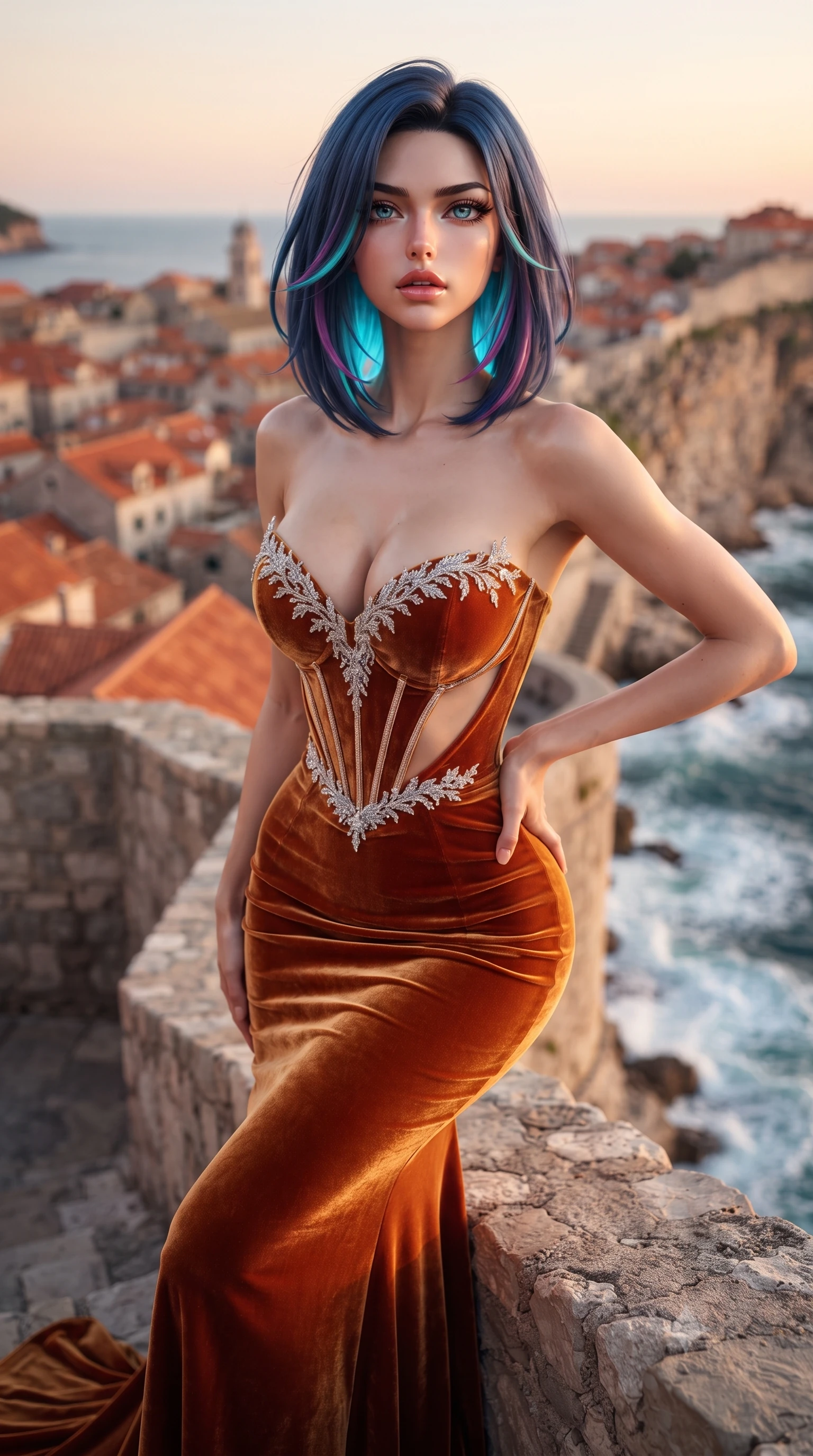 score_9, masterpiece, best quality, ultra-detailed, high-budget anime keyframe, editorial fashion photography, tasteful artistic composition, Caucasian woman. close-up cowboy shot from the waist and thighs up, the character dominates the composition, filling the frame with her large presence. tilting her chin up with proud, sovereign allure while gazing through thick eyelashes, one hand resting on her waist in pure supermodel charisma while perching on the ancient stone rampart high above crashing cobalt Adriatic waves, arching her lower back as sea spray mist catches the setting sun. The composition keeps background elements in soft focus with creamy bokeh. cascading terracotta tiled roofs of the Old Town and crashing cobalt waves blurred into coral orange, azure, and seafoam bokeh. She has an exceptionally elegant, slender, and willowy female figure with an ultra-slim waist, flat toned midriff, narrow ribcage, and sculpted feminine hips creating an alluring, slim hourglass silhouette without bulk. sharp v-shaped jawline, high-bridge nose, intricate jewel-like eyes with depth, thick eyelashes, glossy parted lips with a natural sheen, intensely captivating and seductive bedroom-eyes expression, flawlessly proportioned anatomical accuracy, strict slender model proportions, natural body alignment, perfectly sculpted long slender limbs, ultra-slim waistline, clean dynamic posture without body distortion. wearing a deep sweetheart neckline crushed velvet corseted ballgown with an exposed midriff cutout in molten desert gold and burnt terracotta, tailored from water-resistant treated wool gabardine and flexible stretch silk, finished with delicate crystal frost embroidery tracing the plunging neckline, the form-contouring material adhering flawlessly to her sculpted flat midriff and slender torso, emphasizing her long leg lines and perfectly proportioned willowy build. illuminated by intense specular sea foam reflections sharply sculpting her razor-sharp jawline, narrow waist, and curvy hips. ultra-reflective glossy finish, specular highlights, rich textural contrasts, high-contrast stereoscopic depth, volumetric dynamic lighting, 2k, ultra detail, master piece, 9:16 ratio