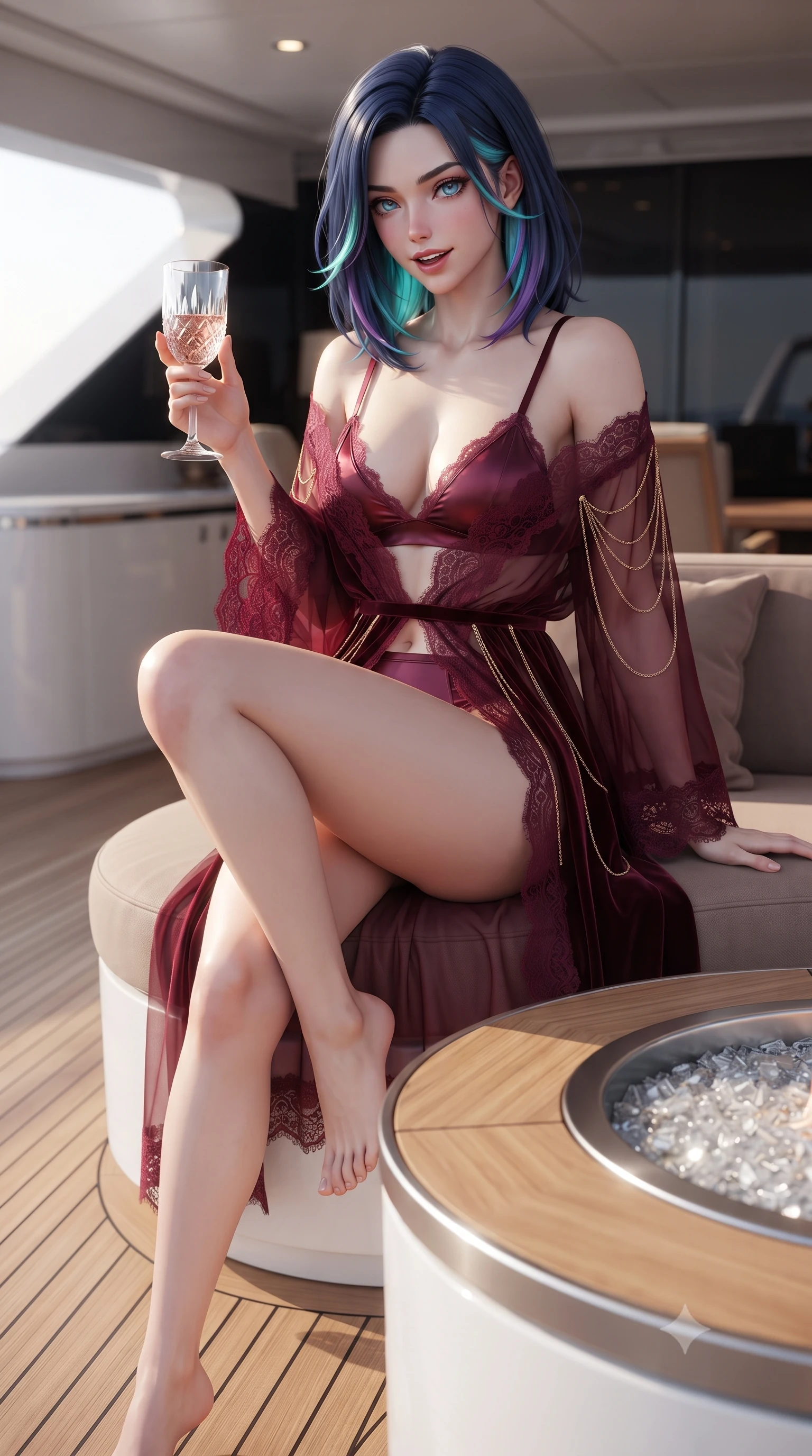 score_9, masterpiece, best quality, ultra-detailed, high-budget anime keyframe, editorial fashion photography, tasteful artistic composition, Caucasian woman. close-up cowboy shot from the waist and thighs up, the character dominates the composition, filling the frame with her large presence. perched sideways on the lounge seat, one knee drawn up to showcase her slender leg line while her arched back accentuates her feminine hip curve while sitting perched on the circular teak rim with legs crossed, holding a glass of vintage rosé with an alluring, parted-lip smile. The surrounding environment is rendered in vivid detail and crisp panoramic clarity: sharp teak deck caulking seams, brushed aluminum fire table rim, and crushed glass fire pebbles in deep focus. She has an exceptionally elegant, slender, and willowy female figure with an ultra-slim waist, flat toned midriff, narrow ribcage, and sculpted feminine hips creating an alluring, slim hourglass silhouette without bulk. sharp v-shaped jawline, high-bridge nose, sparkling eyes with hypnotic seductive depth, thick curled eyelashes, glossy parted lips with a natural dewy peach sheen, alluring bedroom-eyes with an enchanting coquettish smile, exuding magnetic siren charisma and sophisticated glamour, flawlessly proportioned anatomical accuracy, strict slender model proportions, natural body alignment, perfectly sculpted long slender limbs, ultra-slim waistline, clean dynamic posture without body distortion. wearing a sheer organza kimono robe worn loose and slipping off bare shoulders over a matching satin bralette and high-waisted briefs in deep bordeaux velvet and delicate black chantilly, made of semi-opaque stretch illusion mesh with soft shadowy contours, accented with an open-back drape framed by falling strands of delicate gold chains, the high-slit wrap tailoring accentuating her ultra-slim waistline and the enchanting curve of her feminine hips with alluring seductive charm. illuminated by polished foredeck reflection bounce and sharp warm-gold rim lights defining her razor-sharp jawline, narrow waist, and curvy hips. ultra-reflective glossy finish, specular highlights, rich textural contrasts, high-contrast stereoscopic depth, volumetric dynamic lighting, 2k, ultra detail, master piece, 9:16 ratio
