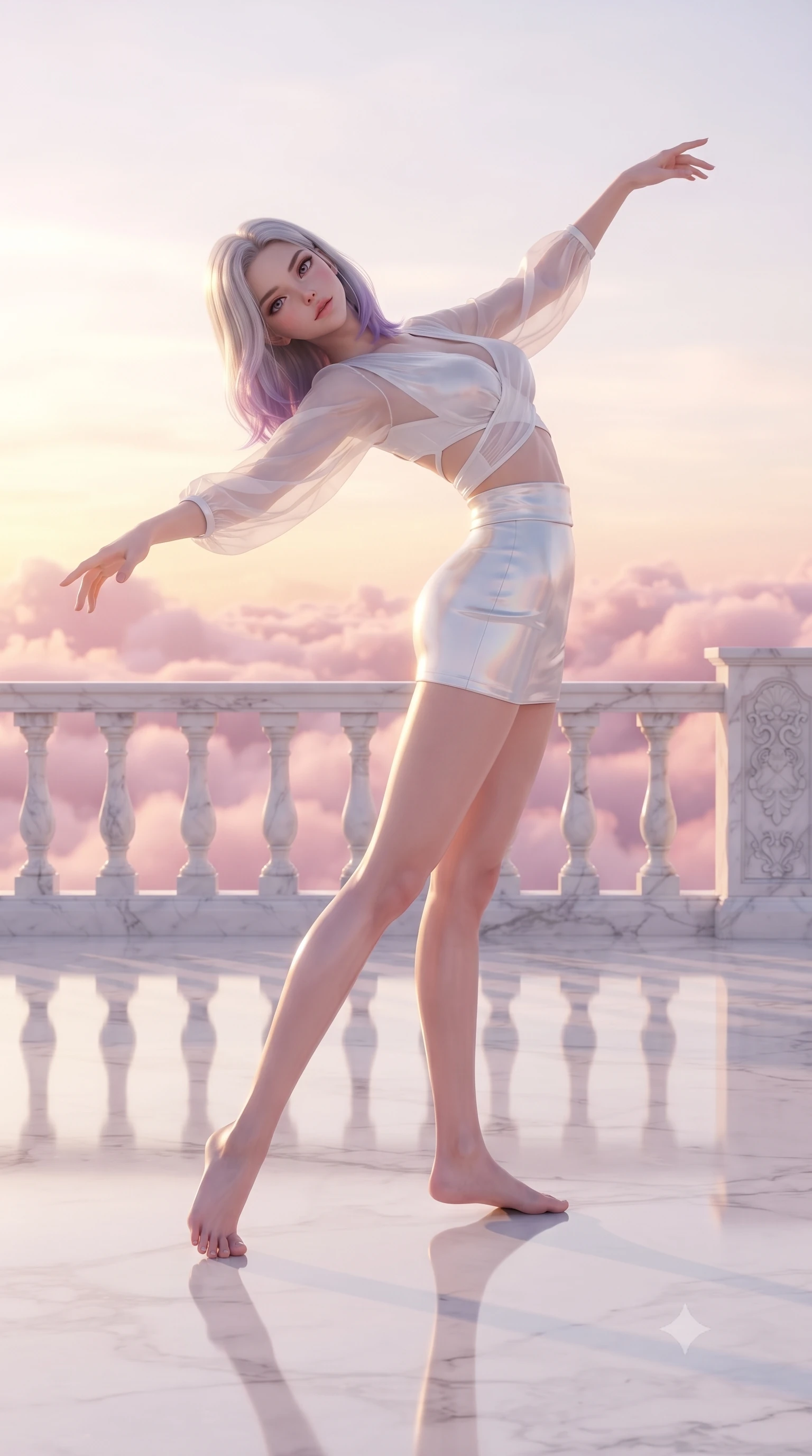 score_9, masterpiece, best quality, ultra-detailed, high-budget anime keyframe, editorial fashion photography, tasteful artistic composition, Caucasian woman. low angle full-body shot from head to toe showing her feet, filling the entire 9:16 vertical frame with her statuesque presence, stretching her vertical silhouette. arching her back in a fluid zero-gravity turn with sovereign grace, her long slender legs and sculpted torso creating a sweeping line while waltzing gracefully across a polished white marble ballroom terrace suspended above rolling pink twilight clouds. The surrounding environment is rendered in vivid detail and crisp panoramic clarity. crisp white marble balustrade carvings, polished floor reflections, and detailed cloud bank textures in deep focus. She has an absolutely perfect, statuesque 8.5-heads proportion, an exceptionally tall and slender model-like female figure with impossibly long slender legs, a toned flat midriff, and an ultra-slim waist. sharp v-shaped jawline, high-bridge nose, intricate jewel-like eyes with depth, thick eyelashes, glossy lips with a natural sheen, flawlessly proportioned anatomical accuracy, strict slender model proportions, natural body alignment, perfectly sculpted long slender limbs, ultra-slim waistline, clean dynamic posture without body distortion. wearing a shortened cyber-fusion wrap top with transparent chiffon panels, a deep crossover neckline, and a high-waisted metallic sash that accentuates her ultra-slim waist in glistening liquid pearl white with rainbow opalescence, formed from high-gloss patent material with specular light reflections, complemented by criss-cross back straps highlighting her completely bare spine, the precision-cut daring openings accentuating her delicate midriff, graceful bare collarbones, and ultra-slim feminine waistline. bathed in glorious golden-pink twilight sunbeams and warm chandelier candlelight glow. ultra-reflective glossy finish, specular highlights, metallic sheen, high-contrast stereoscopic depth, volumetric dynamic lighting, 2k, ultra detail, master piece, 9:16 ratio