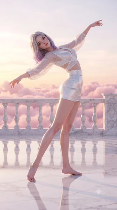score_9, masterpiece, best quality, ultra-detailed, high-budget anime keyframe, editorial fashion photography, tasteful artistic composition, Caucasian woman. low angle full-body shot from head to toe showing her feet, filling the entire 9:16 vertica