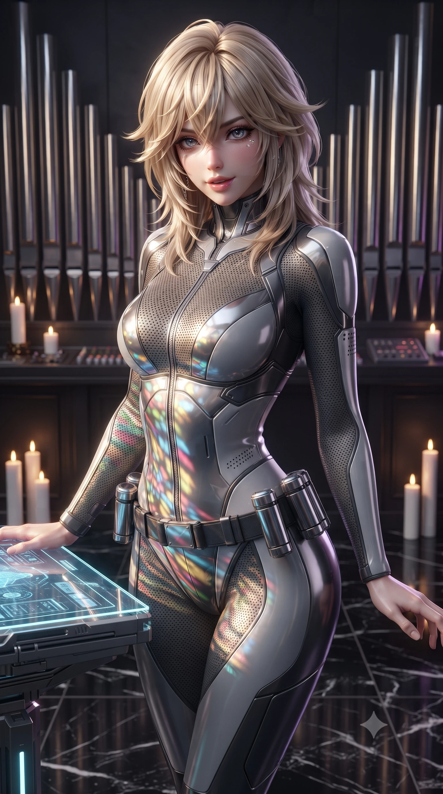 score_9, masterpiece, best quality, ultra-detailed, high-budget anime keyframe, editorial fashion photography, tasteful artistic composition, Japanese woman. close-up cowboy shot from the waist and thighs up, the character dominates the composition, filling the frame with her large presence. resting both hands lightly on the holoscreen pedestal while leaning toward the lens with a teasing smirk, her tight combat suit hugging her narrow waist and feminine hip curve while twisting her slender torso in an alluring contrapposto stance, vertical laser organ pipes casting stained-glass light across her hips and waist. The surrounding environment is rendered in vivid detail and crisp panoramic clarity: sharp chrome organ pipe bevels, laser diode projector lenses, and black marble mosaic floor reflections in deep focus. She has an exceptionally elegant, slender, and willowy female figure with an ultra-slim waist, flat toned midriff, narrow ribcage, and sculpted feminine hips creating an alluring, slim hourglass silhouette without bulk. sharp v-shaped jawline, high-bridge nose, intricate jewel-like sparkling eyes with depth, thick eyelashes, glossy parted lips with a natural sheen, bright confident smile with an enchanting and coquettish sensual glint, exuding both youthful magnetic charm and sovereign high-tech allure, flawlessly proportioned anatomical accuracy, strict slender model proportions, natural body alignment, perfectly sculpted long slender limbs, ultra-slim waistline, clean dynamic posture without body distortion. wearing a second-skin cybernetic stealth suit with active-camo optical mesh and sculpted carbon hip guards in reflective liquid mercury and matte phantom grey, made of high-grade ballistic nylon with precision laser-cut perforations, accented with a sleek utility belt with polished magnetic canisters resting loosely on her curvy hips, the form-contouring cut accentuating her sculpted flat midriff, narrow delicate ribcage, and gracefully curvy hips with cybernetic supermodel precision. illuminated by altar floor candle LEDs and sharp gold-and-violet rim lighting sculpting her razor-sharp jawline, narrow waist, and curvy hips. ultra-reflective glossy finish, specular highlights, rich textural contrasts, high-contrast stereoscopic depth, volumetric dynamic lighting, 2k, ultra detail, master piece, 9:16 ratio