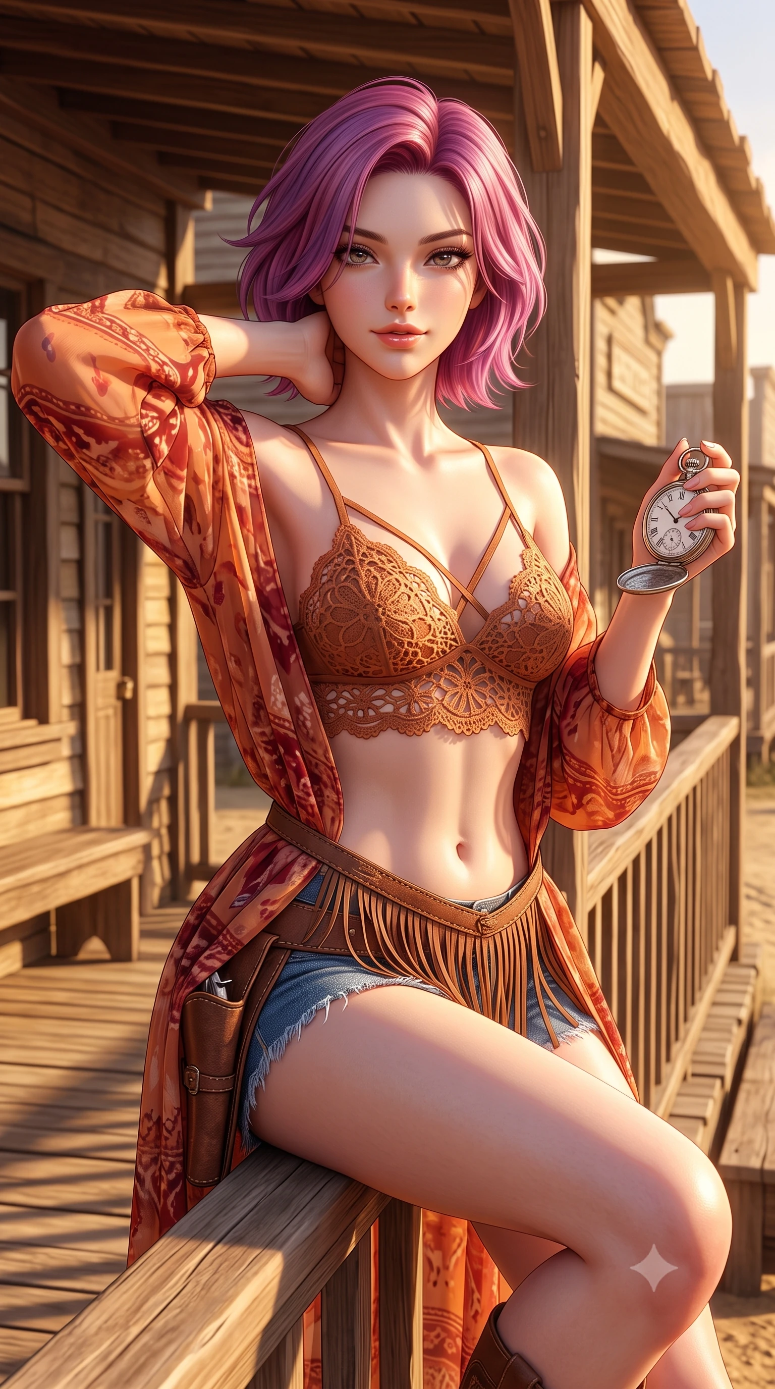 score_9, masterpiece, best quality, ultra-detailed, high-budget anime keyframe, semi-realistic 3D game render, editorial fashion photography, tasteful artistic composition, Caucasian woman. close-up cowboy shot from the waist and thighs up, the character dominates the composition, filling the frame with her large presence. resting both hands lightly behind her neck with elbows raised, arching her spine to highlight her narrow waist, flat midriff, and breathtaking collarbones while sitting perched on the wooden boardwalk railing with one knee bent, holding an antique silver pocket watch with playful teasing cool. The surrounding environment is rendered in vivid detail and crisp panoramic clarity: detailed denim cutoff fray, leather holster stitching, and historic frontier timber framing in high resolution. She has an exceptionally elegant, slender, and willowy female figure with an ultra-slim waist, flat toned midriff, narrow ribcage, and sculpted feminine hips creating an alluring, slim hourglass silhouette without bulk. sharp v-shaped jawline, high-bridge nose, sparkling eyes with hypnotic seductive depth, thick curled eyelashes, glossy parted lips with a natural dewy peach sheen, alluring bedroom-eyes with an enchanting coquettish smile, exuding magnetic siren charisma and sophisticated glamour, flawlessly proportioned anatomical accuracy, strict slender model proportions, natural body alignment, perfectly sculpted long slender limbs, ultra-slim waistline, clean dynamic posture without body distortion. wearing a delicate sheer chiffon western duster robe slipping off bare shoulders over a matching strappy suede bralette in blazing desert sunset orange and deep canyon crimson, made of delicate semi-sheer crochet lace with intricate openwork floral knit, finished with a delicate leather fringe trim fluttering along her hip line with kinetic charm, the high-slit wrap tailoring accentuating her ultra-slim waistline and the enchanting curve of her feminine hips with alluring seductive charm. bathed in late afternoon golden sunlight filtering horizontally under the timber porch eaves. highly saturated vibrant anime colors, detailed shading with soft gradients, rich glossy textures, high-contrast stereoscopic depth, volumetric dynamic lighting, master piece, 9:16 ratio