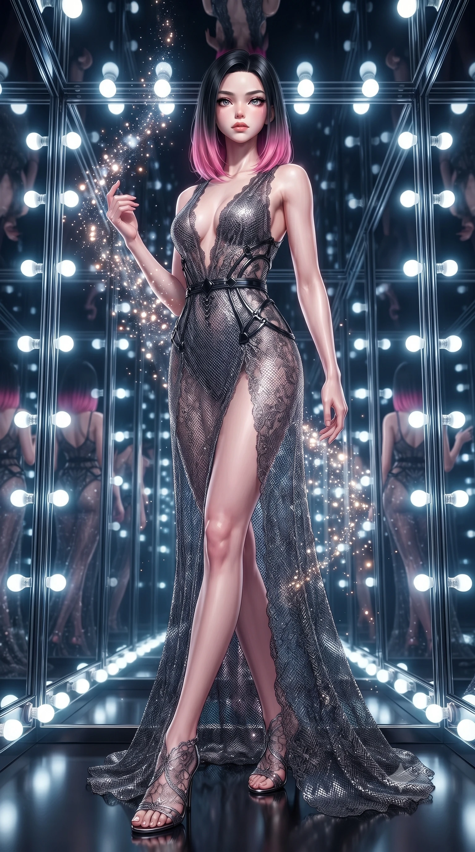 score_9, masterpiece, best quality, ultra-detailed, high-budget anime keyframe, editorial fashion photography, tasteful artistic composition, Korean woman. low angle full-body shot from head to toe showing her feet, filling the entire 9:16 vertical frame with her statuesque presence, stretching her vertical silhouette. interacting with glowing light particles, her long slender legs poised in motion, standing inside an infinity mirror dressing room lined with bright daylight vanity lights, infinite mirror reflections repeating her statuesque 8.5-heads proportion into distance. She has an absolutely perfect, statuesque 8.5-heads proportion, an exceptionally tall and slender model-like female figure with impossibly long slender legs and an ultra-slim waist. sharp v-shaped jawline, high-bridge nose, intricate jewel-like eyes with depth, thick eyelashes, glossy lips with a natural sheen. wearing gothic nebula sheer dark lace gown with plunging neckline in metallic dark silver, made of fine dark contouring mesh, adorned with minimalist black onyx hardware framing the silhouette, sculpting her athletic slender build with refined precision. surrounded by a sparkling rim light aura with sharp edge glints. highly saturated vibrant anime colors, detailed shading with soft gradients, rich glossy textures, high-contrast stereoscopic depth, volumetric dynamic lighting, master piece, 9:16 ratio