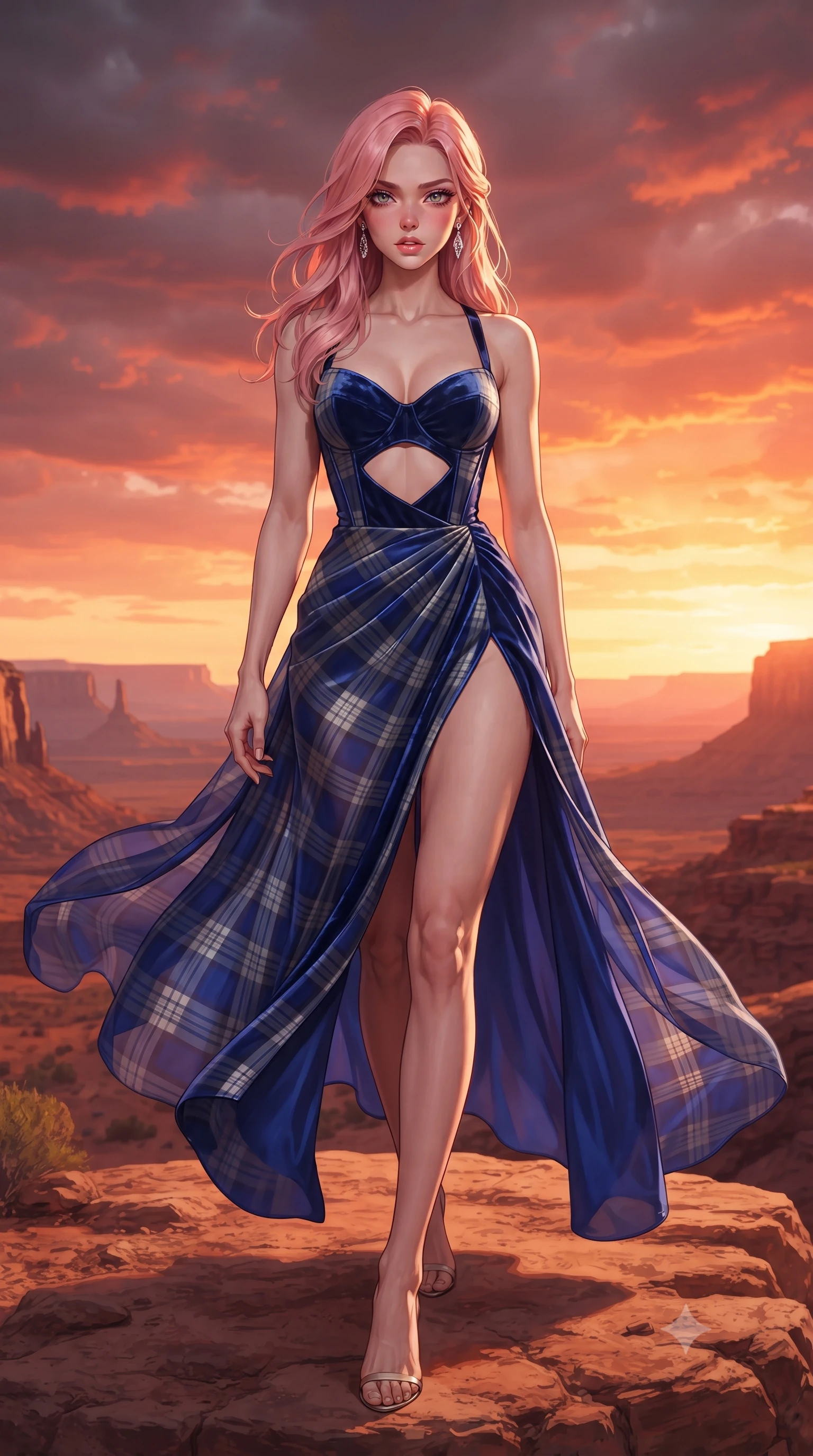score_9, masterpiece, best quality, ultra-detailed, high-budget anime keyframe, editorial fashion photography, tasteful artistic composition, Japanese woman. low angle full-body shot from head to toe showing her feet, filling the entire 9:16 vertical frame with her statuesque presence, stretching her vertical silhouette. striding forward in a proud supermodel runway stride, hips swaying in an alluring kinetic rhythm that accentuates her curvy hourglass silhouette while standing poised on the canyon overlook rock ledge, the desert sunset wind fluttering her sheer wrap to reveal her long legs and narrow waist. The surrounding environment is rendered in vivid detail and crisp panoramic clarity. rich high-contrast desert vortex chiaroscuro and ultra-luxury Southwestern sanctuary aesthetics in precision. She has an exceptionally tall and slender model-like 8.5-heads proportion, an ultra-slim waist, a flat toned midriff, narrow delicate ribcage, and beautifully sculpted feminine hips creating a graceful, slim hourglass silhouette without any bulky heaviness, with impossibly long slender legs. sharp v-shaped jawline, high-bridge nose, intricate jewel-like eyes with depth, thick eyelashes, glossy parted lips with a natural sheen, intensely captivating and seductive bedroom-eyes expression, flawlessly proportioned anatomical accuracy, strict slender model proportions, natural body alignment, perfectly sculpted long slender limbs, ultra-slim waistline, clean dynamic posture without body distortion. wearing a tailored tartan-wool and crushed-velvet corseted gala gown with an architectural open-waist cutout and high-cut thigh slit in royal sapphire blue and brushed platinum, tailored from ultra-smooth duchess satin with a pearlescent sheen, finished with criss-cross back satin straps highlighting her graceful shoulder blades, the second-skin form-contouring cut accentuating her sculpted flat midriff, narrow delicate ribcage, and gracefully curvy hips with supermodel precision. bathed in blazing crimson and copper sunset backlighting and warm sandstone bounce fill. ultra-reflective glossy finish, specular highlights, rich textural contrasts, high-contrast stereoscopic depth, volumetric dynamic lighting, 2k, ultra detail, master piece, 9:16 ratio