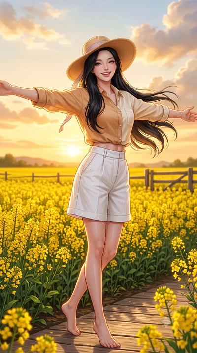 score_9, masterpiece, best quality, ultra-detailed, high-budget anime keyframe, semi-realistic 3D game render, editorial fashion photography, tasteful artistic composition, Korean woman. low angle full-body shot from head to toe showing her feet, fil