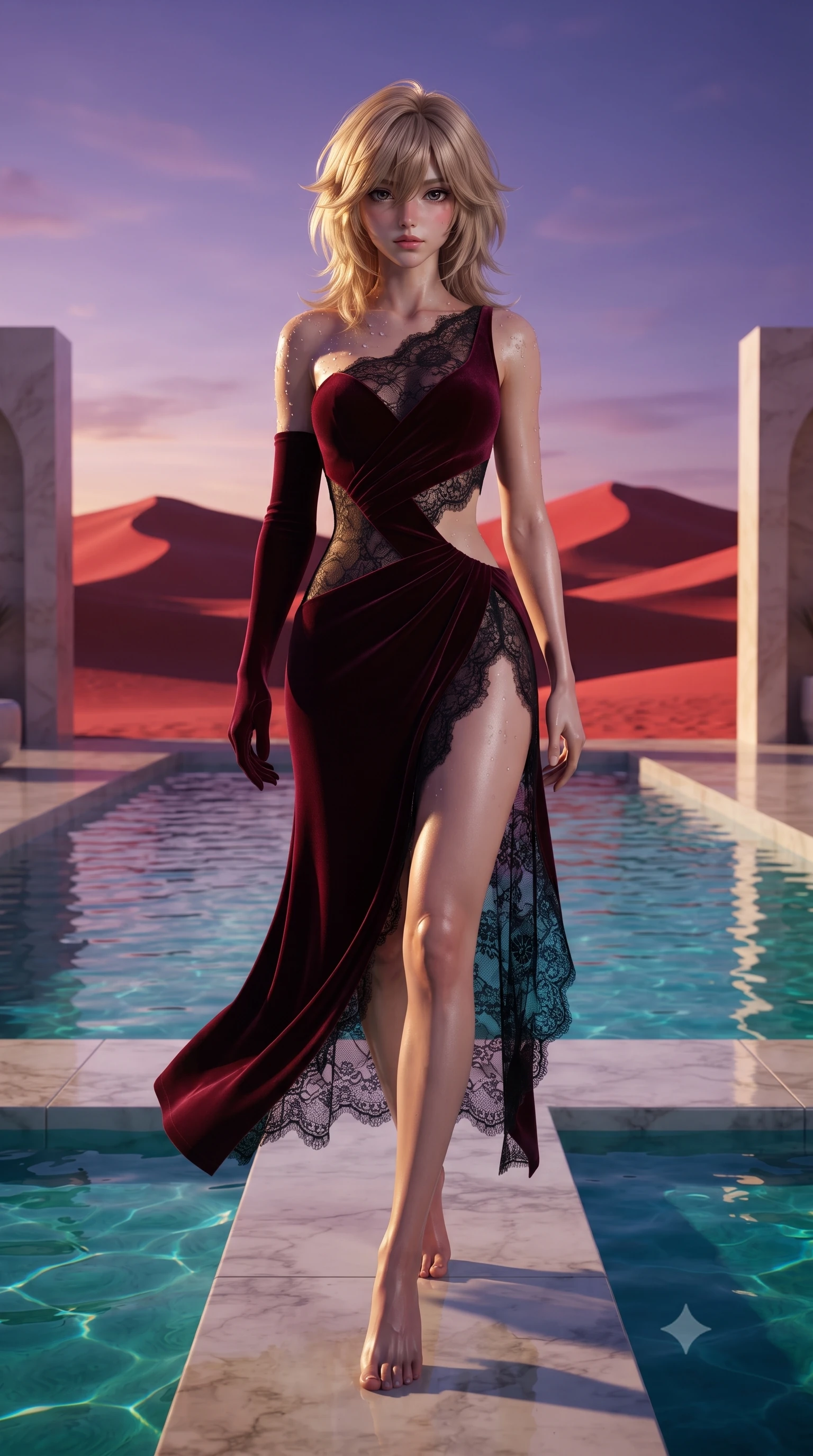 score_9, masterpiece, best quality, ultra-detailed, high-budget anime keyframe, editorial fashion photography, tasteful artistic composition, Japanese woman. low angle full-body shot from head to toe showing her feet, filling the entire 9:16 vertical frame with her statuesque presence, stretching her vertical silhouette. stepping slowly toward the camera with hypnotic grace, hips swaying in an alluring sensual rhythm that accentuates her curvy hourglass silhouette and long slender legs while standing poised on the submerged marble ledge of the oasis pool, arching her back with hypnotic desert siren grace as crimson dunes glow at sunset. The surrounding environment is rendered in vivid detail and crisp panoramic clarity: detailed plunging liquid gold chainmail halter top cling, sheer chiffon wrap skirt drape, and desert oasis architecture in razor-sharp precision. She has an absolutely perfect, statuesque 8.5-heads proportion, an exceptionally tall and slender model-like female figure with impossibly long slender legs, an ultra-slim waist, a flat toned midriff, narrow delicate ribcage, and beautifully sculpted feminine hips creating a graceful, slim hourglass silhouette without any bulky heaviness. sharp v-shaped jawline, high-bridge nose, sparkling eyes with hypnotic seductive depth, thick curled eyelashes, glossy parted lips with a natural dewy peach sheen, alluring bedroom-eyes with an enchanting coquettish smile, exuding magnetic siren charisma and sophisticated glamour, flawlessly proportioned anatomical accuracy, strict slender model proportions, natural body alignment, perfectly sculpted long slender limbs, ultra-slim waistline, clean dynamic posture without body distortion. wearing an asymmetric one-shoulder liquid jersey gown with dramatic hip-high slit and sculptural waist cutout in deep bordeaux velvet and delicate black chantilly, tailored from ultra-plush velvet with rich tactile depth and deep shadow gradients, finished with glistening drops of hot spring water beading across her sculpted shoulders and collarbones, the glove-like clinging cut tightly following the natural contour of her hips and long slender legs with youthful 8.5-heads elegance. illuminated by turquoise pool water caustics and sharp molten-gold rim lights sculpting her razor-sharp jawline, flat midriff, and curvy hips. ultra-reflective glossy finish, specular highlights, rich textural contrasts, high-contrast stereoscopic depth, volumetric dynamic lighting, 2k, ultra detail, master piece, 9:16 ratio