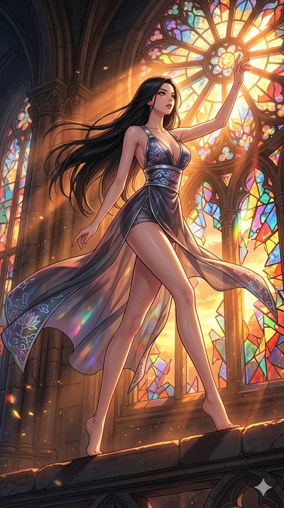 score_9, masterpiece, best quality, ultra-detailed, high-budget anime movie keyframe, cinematic anime lighting, intricate line art, Korean woman. Dynamic full-body shot stretching the vertical silhouette across the 9:16 frame. exploring lost ruins in