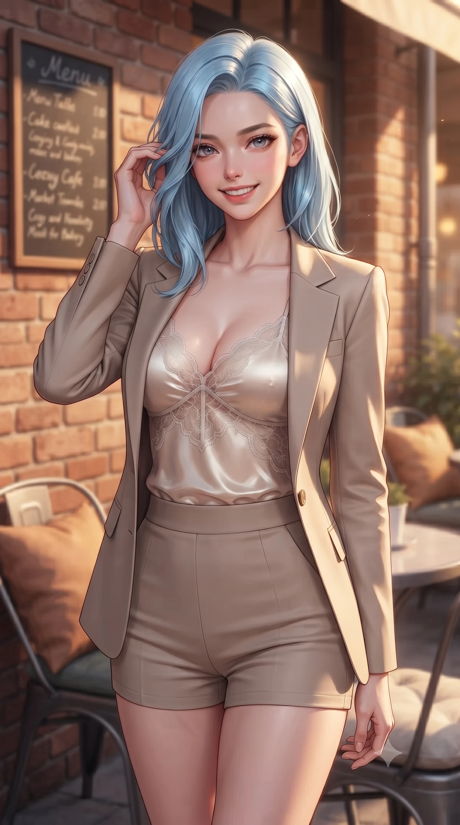 score_9, masterpiece, best quality, ultra-detailed, high-budget anime keyframe, editorial fashion photography, tasteful artistic composition, Korean woman. close-up cowboy shot from the waist and thighs up, the character dominates the composition, filling the frame with her large presence, background elements kept in soft focus. flashing an intoxicating, sunny grin while brushing a strand of hair away from her face set against a soft-focus background of at a cozy outdoor terrace table of a brick-walled bakery cafe with a handwritten menu board and cozy cushions on the chairs. She has an exceptionally elegant, slender, and willowy female figure with an ultra-slim waist, a gracefully sculpted slender torso, and a refined silhouette. sharp v-shaped jawline, high-bridge nose, intricate jewel-like eyes with depth, thick eyelashes, glossy lips with a natural sheen. wearing tailored delicate silk camisole with lace panels and a tailored blazer worn open over form-contouring shorts. warm golden lighting creating a cozy, relaxing weekend mood. ultra-reflective glossy finish, specular highlights, metallic sheen, high-contrast stereoscopic depth, volumetric dynamic lighting, 2k, ultra detail, master piece, 9:16 ratio