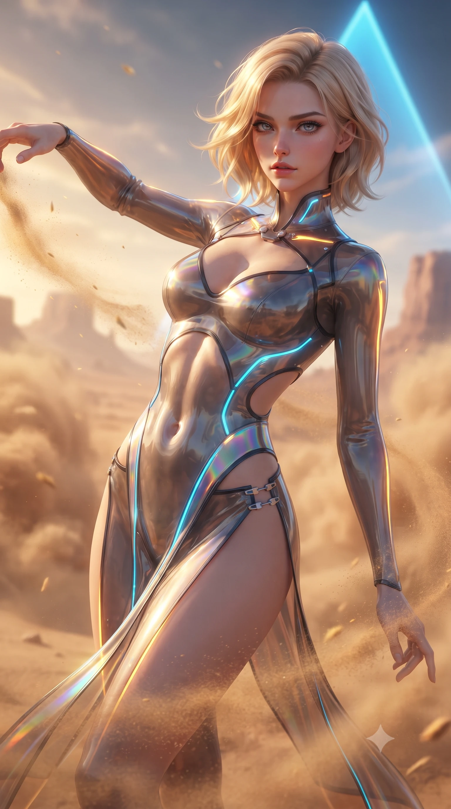 score_9, masterpiece, best quality, ultra-detailed, high-budget anime keyframe, editorial fashion photography, tasteful artistic composition, Caucasian woman. close-up cowboy shot from the waist and thighs up, the character dominates the composition, filling the frame with her large presence. extending one arm gracefully toward the light while her torso arches in a sleek, alluring curve with magnetic intensity while arching her back against the desert gale while golden sand crystals swirl past in slow motion. The composition keeps background elements in soft focus with creamy bokeh. swirling desert dust clouds and distant alien mesas softened by shallow atmospheric focus. She has an exceptionally elegant, slender, and willowy female figure with an ultra-slim waist, a gracefully sculpted slender torso, and a refined silhouette. sharp v-shaped jawline, high-bridge nose, intricate jewel-like eyes with depth, thick eyelashes, glossy lips with a natural sheen, flawlessly proportioned anatomical accuracy, natural body alignment, perfectly sculpted elegant limbs, clean dynamic posture without body distortion. wearing a skin-tight cybernetic bodysuit with glowing neon seams, deep hip cutouts, and an aerodynamic athletic fit in translucent smoky quartz and iridescent holographic sheen, formed from high-gloss patent material with specular light reflections, finished with an ultra-high side slit secured by miniature magnetic clasps, the daring cutouts accentuating her delicate midriff, graceful collarbones, and feminine contour. bathed in blazing golden-amber sunset radiance and glowing electric blue neon pyramid backlighting. ultra-reflective glossy finish, specular highlights, metallic sheen, high-contrast stereoscopic depth, volumetric dynamic lighting, 2k, ultra detail, master piece, 9:16 ratio