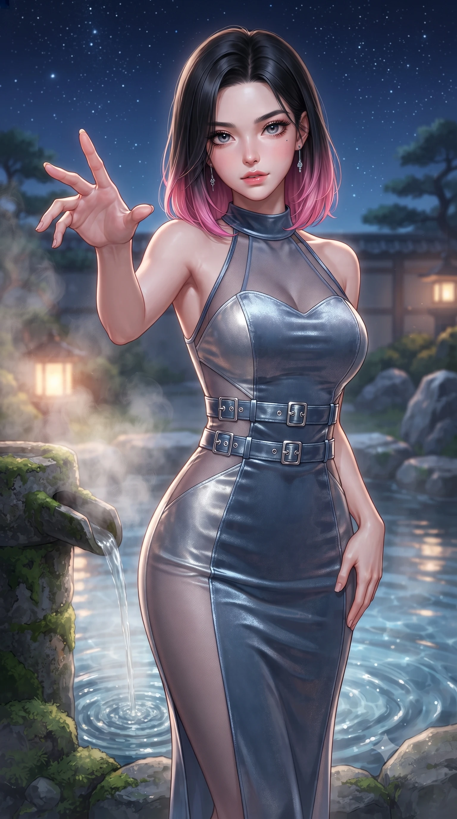 score_9, masterpiece, best quality, ultra-detailed, high-budget anime keyframe, editorial fashion photography, tasteful artistic composition, Korean woman. close-up cowboy shot from the waist and thighs up, the character dominates the composition, filling the frame with her large presence, background elements kept in soft focus. Reaching one hand gracefully toward the viewer with effortless superiority and allure standing near a stone water spout with gentle steam rising in a moonlit Japanese garden, water ripples glistening under a clear starry night sky. She has an exceptionally elegant, slender, and willowy female figure with an ultra-slim waist, a gracefully sculpted slender torso, and a refined silhouette. sharp v-shaped jawline, high-bridge nose, intricate jewel-like eyes with depth, thick eyelashes, glossy lips with a natural sheen. wearing a velvet halter-neck midi dress following her form like a glove in slate blue and metallic silver, woven from fine semi-opaque sheer organza, detailed with polished silver buckles along the waistline, the form-contouring material highlighting her ultra-slim waist and long lines. bathed in soft warm lantern light filtered through gentle thermal steam. highly saturated vibrant anime colors, detailed shading with soft gradients, rich glossy textures, high-contrast stereoscopic depth, volumetric dynamic lighting, master piece, 9:16 ratio