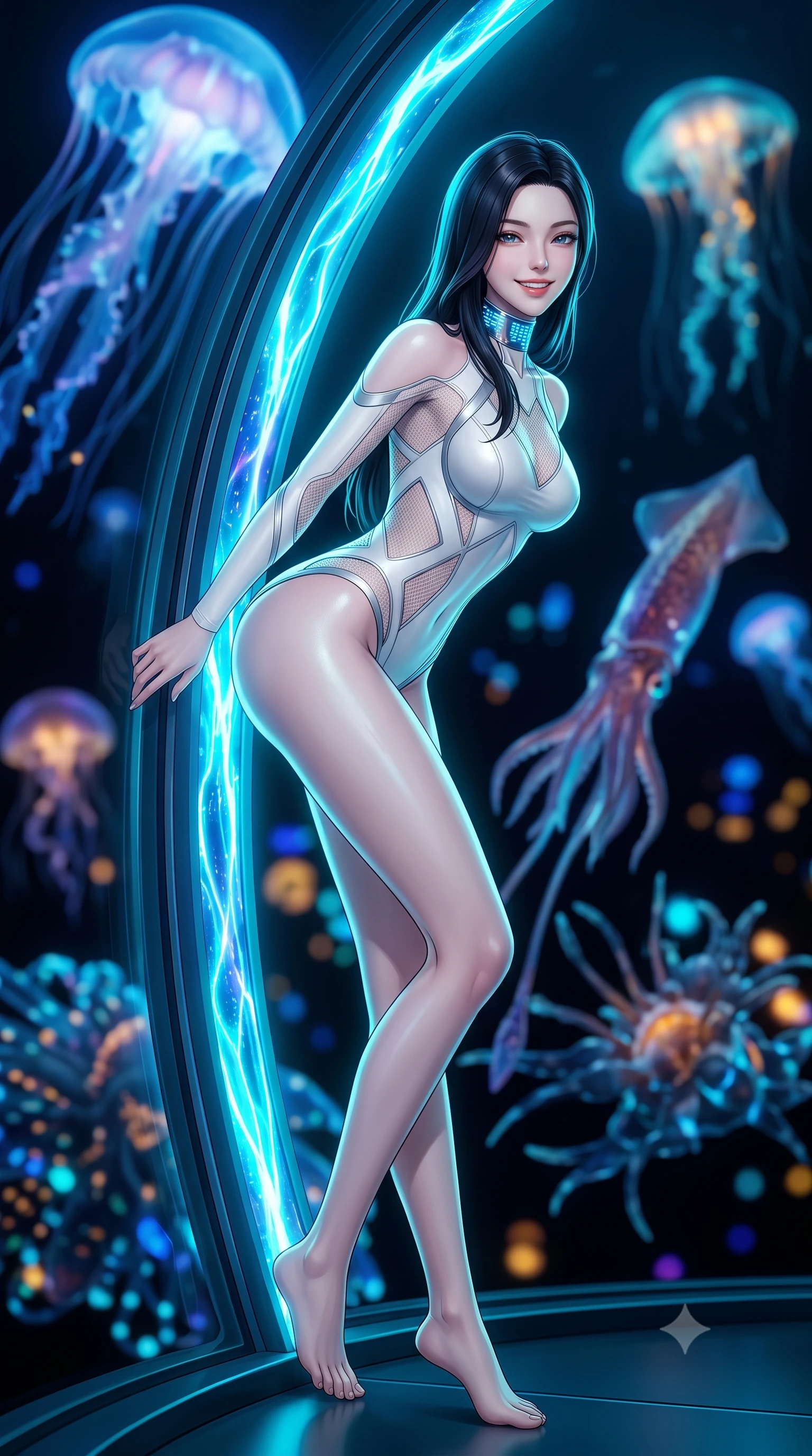 score_9, masterpiece, best quality, ultra-detailed, high-budget anime keyframe, semi-realistic 3D game render, editorial fashion photography, tasteful artistic composition, Korean woman. low angle full-body shot from head to toe showing her feet, filling the entire 9:16 vertical frame with her statuesque presence, stretching her vertical silhouette. leaning deep against the glowing energy conduit with hips cocked back in an unapologetically alluring high-fashion stance, flashing a warm beaming smile while standing inside the colossal pressurized acrylic dome facing the pitch-black abyss, arching her back as giant glowing sea creatures glide by. The background shows a soft-focus pitch-black oceanic trench waters illuminated by pulsating sapphire and amber deep-sea creature lights blurred into cobalt, cyan, and black bokeh. She has an absolutely perfect, statuesque 8.5-heads proportion, an exceptionally tall and slender model-like female figure with impossibly long slender legs, an ultra-slim waist, a flat toned midriff, narrow delicate ribcage, and beautifully sculpted feminine hips creating a graceful, slim hourglass silhouette without any bulky heaviness. sharp v-shaped jawline, high-bridge nose, intricate jewel-like sparkling eyes with depth, thick eyelashes, glossy parted lips with a natural sheen, bright confident smile with an enchanting and coquettish sensual glint, exuding both youthful magnetic charm and sovereign high-tech allure, flawlessly proportioned anatomical accuracy, strict slender model proportions, natural body alignment, perfectly sculpted long slender limbs, ultra-slim waistline, clean dynamic posture without body distortion. wearing a futuristic cut-out nano-suit with diamond-shaped side-torso mesh insets tracing her slim hourglass curves in pure alabaster white and brushed silver accents, crafted from sheer technical cyber-lace reinforced with ultra-thin Kevlar threads, complemented by a high-tech holographic choker projecting miniature glyphs, the high-waisted tailoring accentuating her ultra-slim waistline and the enchanting curve of her feminine hips with alluring dark charm. illuminated by external submarine floodlights and sharp cyan rim lights carving her razor-sharp jawline, narrow waist, and curvy hips. highly saturated vibrant anime colors, detailed shading with soft gradients, rich glossy textures, high-contrast stereoscopic depth, volumetric dynamic lighting, master piece, 9:16 ratio