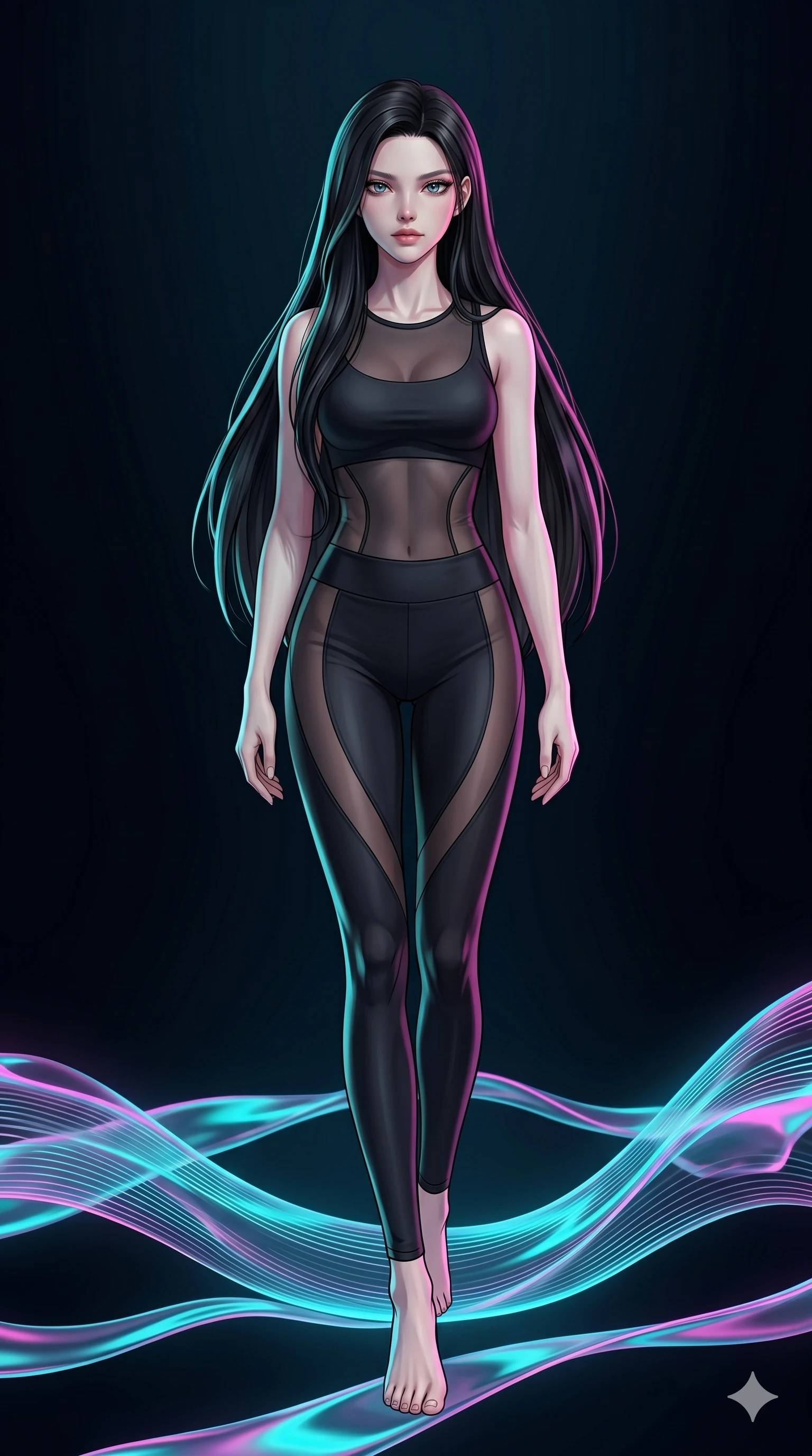 score_9, masterpiece, best quality, ultra-detailed, high-budget anime keyframe, Caucasian woman, strictly human ears. low angle full-body shot filling the entire 9:16 frame with her statuesque presence, stretching the vertical silhouette. stepping on holographic fluid ribbons of sound that ripple with cyan and magenta light in a dark virtual void. She has an absolutely perfect 8-heads proportion, an exceptionally tall and slender female figure with impossibly long slender legs and an ultra-slim waist. V-shaped jawline, high-bridge nose, intricate jewel-like eyes with depth, thick eyelashes, glossy lips with a natural sheen.. wearing a sheer mesh athleisure set, featuring a tight matte black top and leggings with semi-opaque mesh panels tracing the curves of her waist and thighs. accented by dynamic color-blocked lighting with high-contrast shadows emphasizing her statuesque height. 2k, ultra detail, master piece, 9:16 ratio