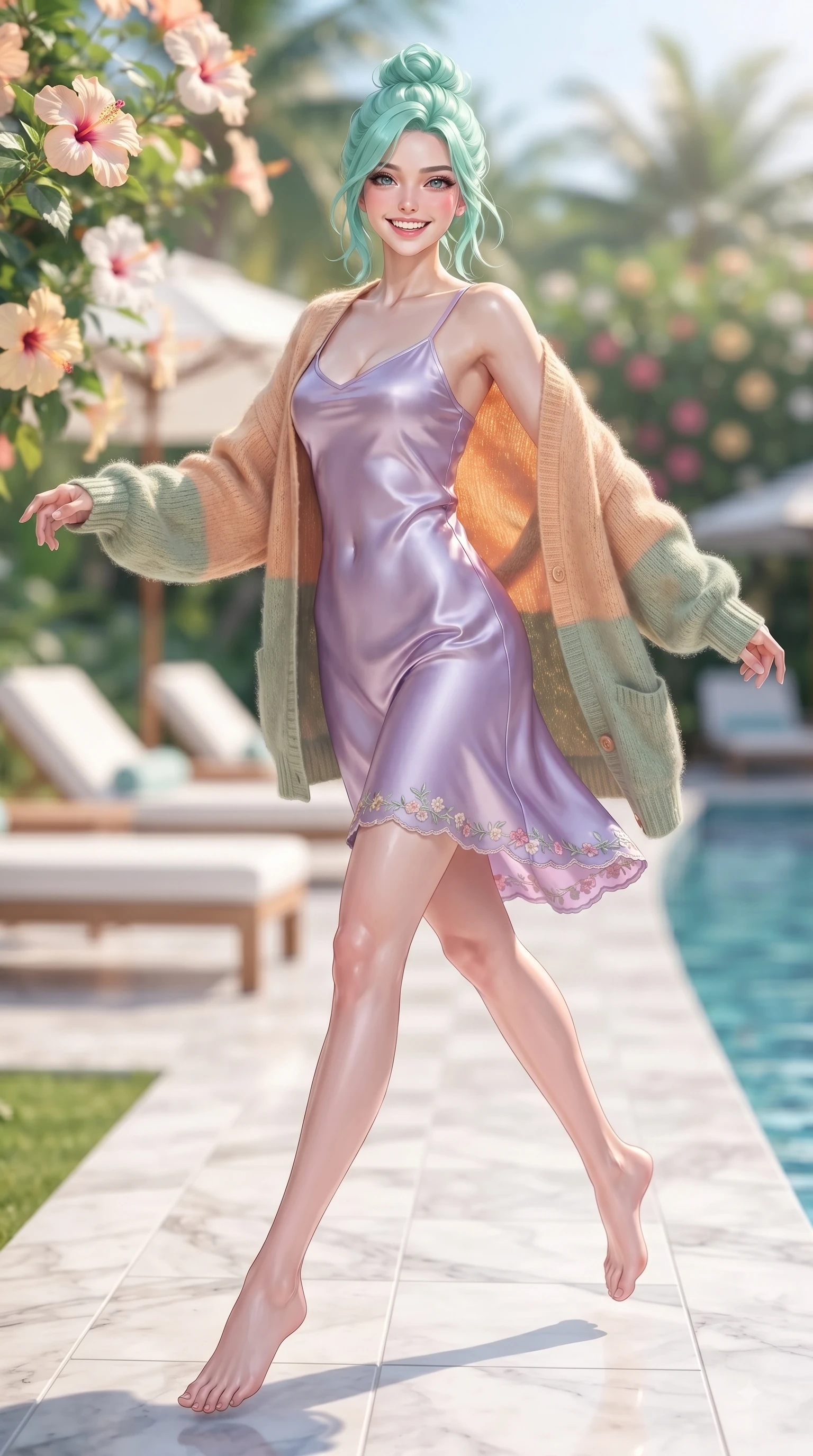 score_9, masterpiece, best quality, ultra-detailed, high-budget anime keyframe, editorial fashion photography, tasteful artistic composition, Japanese woman. low angle full-body shot from head to toe showing her feet, filling the entire 9:16 vertical frame with her statuesque presence, stretching her vertical silhouette. leaping with pure youthful energy through the scene with a radiant bright smile, her long slender legs balanced gracefully while stepping onto a marble garden walkway surrounded by blooming hibiscus flowers and clear blue water. The composition keeps background elements in soft focus with dreamy bokeh. white sun loungers and tropical resort gardens softened by a gentle shallow focus. She has an absolutely perfect, statuesque 8.5-heads proportion, an exceptionally tall and slender model-like female figure with impossibly long slender legs and an ultra-slim waist. sharp v-shaped jawline, high-bridge nose, intricate jewel-like eyes with depth, thick eyelashes, glossy lips with a natural sheen, flawlessly proportioned anatomical accuracy, natural body alignment, perfectly sculpted elegant limbs, clean dynamic posture without body distortion. wearing a graceful lavender satin slip dress layered under a loose soft white knit cardigan in warm apricot and sage green, crafted from smooth fluid silk satin, complemented by delicate embroidered floral trim along the hem, the tailored casual silhouette highlighting her fresh and youthful presence. surrounded by an exclusive, sun-drenched, and relaxing resort atmosphere. ultra-reflective glossy finish, specular highlights, metallic sheen, high-contrast stereoscopic depth, volumetric dynamic lighting, 2k, ultra detail, master piece, 9:16 ratio