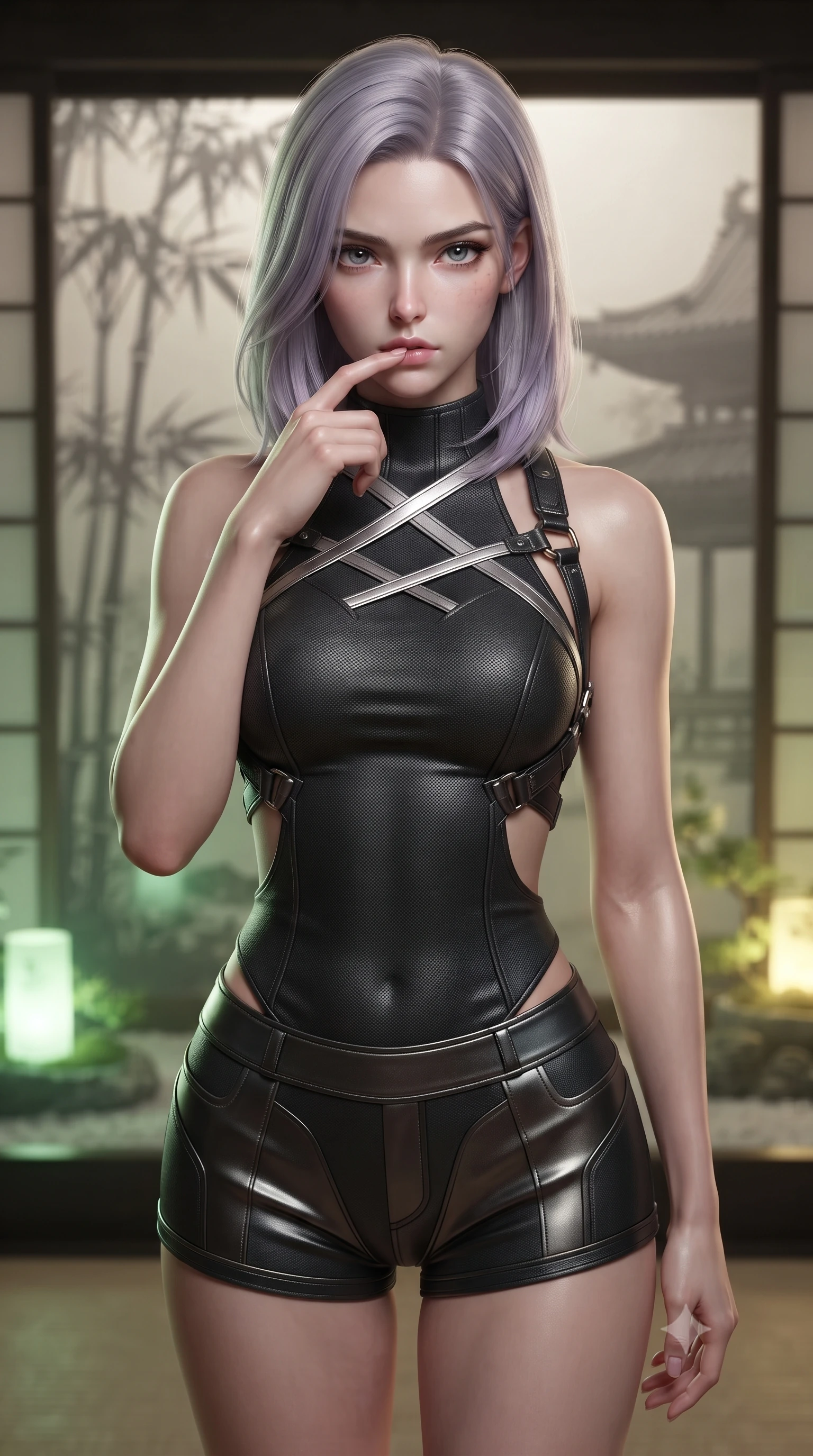 score_9, masterpiece, best quality, ultra-detailed, high-budget anime keyframe, editorial fashion photography, tasteful artistic composition, Caucasian woman. close-up cowboy shot from the waist and thighs up, the character dominates the composition, filling the frame with her large presence, background elements kept in soft focus. pressing one finger to her bottom lip in a thoughtful, composed gesture, locking eyes with the viewer, the background shows a soft-focus a rock garden temple with paper screens showing a silhouette of bamboo. She has an exceptionally elegant, slender, and willowy female figure with an ultra-slim waist, a gracefully sculpted slender torso, and a refined silhouette. sharp v-shaped jawline, high-bridge nose, intricate jewel-like eyes with depth, thick eyelashes, glossy lips with a natural sheen. wearing a body-hugging backless halter-neck combat top with criss-cross strapping, paired with carbon-alloy micro-shorts. soft green and yellow digital plant light wrapping her form in an organic glow. ultra-reflective glossy finish, specular highlights, metallic sheen, high-contrast stereoscopic depth, volumetric dynamic lighting, 2k, ultra detail, master piece, 9:16 ratio