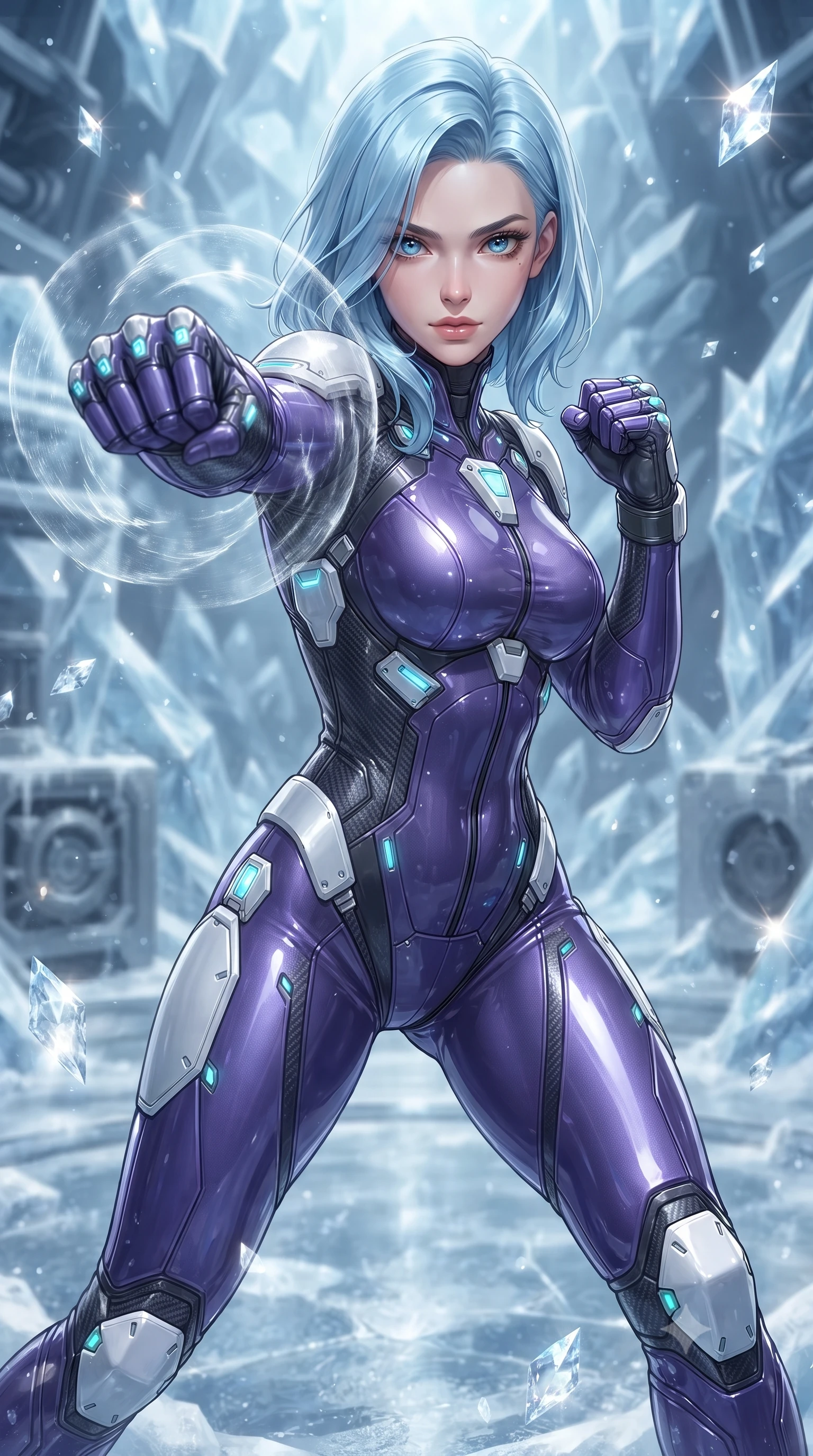 score_9, masterpiece, best quality, ultra-detailed, high-budget anime keyframe, editorial fashion photography, tasteful artistic composition, Korean woman. close-up cowboy shot from the waist and thighs up, the character dominates the composition, filling the frame with her large presence. thrusting a high-speed kinetic punch toward the camera, a visible conical shockwave distortion wrapping around her sleek carbon forearm while stepping across the frosted chamber with silent, lethal predator grace that commands absolute stillness. The composition keeps background elements in soft focus with creamy bokeh. glistening diamond ice crystals scattering bright specular light motes across a cool backdrop. She has an exceptionally elegant, slender, and willowy female figure with an ultra-slim waist, a gracefully sculpted slender torso, toned flat midriff, and a refined slim silhouette. sharp v-shaped jawline, high-bridge nose, intricate jewel-like eyes with depth, thick eyelashes, glossy lips with a natural sheen, flawlessly proportioned anatomical accuracy, strict slender model proportions, natural body alignment, perfectly sculpted long slender limbs, ultra-slim waistline, clean dynamic posture without body distortion. wearing a precision-fitted royal purple carbon-fiber martial arts suit with silver accents and glowing micro-circuit knuckle plating in glacial ice-cyan carbon mesh with pure white armor plates, tailored from flexible second-skin carbon-mesh that clings flawlessly to her athletic curves, finished with high-mobility flexible limb seams and miniature magnetic armor locks, the sleek second-skin cut tightly hugging her graceful clavicle, narrow waist, and feminine curves with athletic precision. surrounded by a cool, lethal, and breathtakingly alluring frost-martial-goddess aura. ultra-reflective glossy finish, specular highlights, dark metallic sheen, high-contrast stereoscopic depth, volumetric dynamic lighting, 2k, ultra detail, master piece, 9:16 ratio