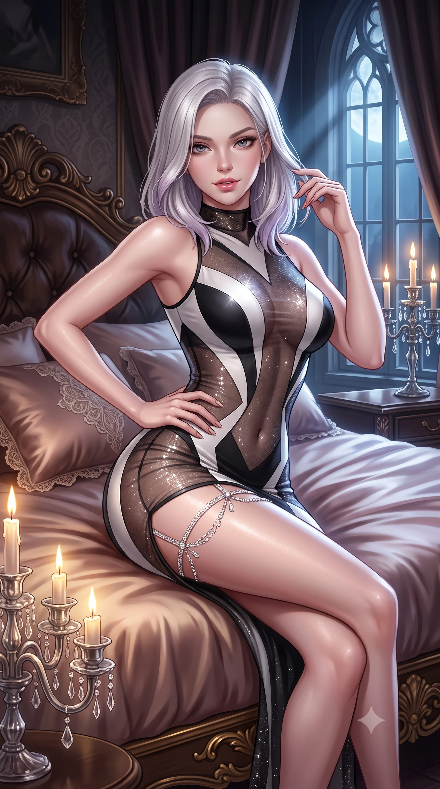 score_9, masterpiece, best quality, ultra-detailed, high-budget anime keyframe, semi-realistic 3D game render, editorial fashion photography, tasteful artistic composition, Caucasian woman. close-up cowboy shot from the waist and thighs up, the character dominates the composition, filling the frame with her large presence. twisting her slender torso in an alluring contrapposto stance, one hand resting on her sculpted hip while her fingers toy with her hair with effortless poise while reclining sideways on the plush silk duvet propped on one elbow, her flat midriff and long slender legs commanding the intimate boudoir. The surrounding environment is rendered in vivid detail and crisp panoramic clarity: detailed lace teddy embroidery, dewy skin highlights, and antique vampire bedroom furnishings in high resolution. She has an exceptionally elegant, slender, and willowy female figure with an ultra-slim waist, flat toned midriff, narrow ribcage, and sculpted feminine hips creating an alluring, slim hourglass silhouette without bulk. sharp v-shaped jawline, high-bridge nose, sparkling eyes with hypnotic seductive depth, thick curled eyelashes, glossy parted lips with a natural dewy peach sheen, alluring bedroom-eyes with an enchanting coquettish smile, exuding magnetic siren charisma and sophisticated glamour, flawlessly proportioned anatomical accuracy, strict slender model proportions, natural body alignment, perfectly sculpted long slender limbs, ultra-slim waistline, clean dynamic posture without body distortion. wearing a provocative sheer illusion mesh column gown with opaque geometric panels strategically hugging her curves in dual-tone high-contrast avant-garde monochrome, woven from stretch metallic lurex jersey casting radiant starlight glints across her silhouette, finished with delicate crystal-encrusted thigh garter straps glinting under the lights, the liquid-tight tailored fabric clinging flawlessly to her narrow waist and rounded feminine hips, emphasizing every millimeter of her sculpted slim hourglass curves without any bulky heaviness. bathed in cool moonlight streaming through tall gothic windows mixed with soft bedside candelabra warmth. highly saturated vibrant anime colors, detailed shading with soft gradients, rich glossy textures, high-contrast stereoscopic depth, volumetric dynamic lighting, master piece, 9:16 ratio