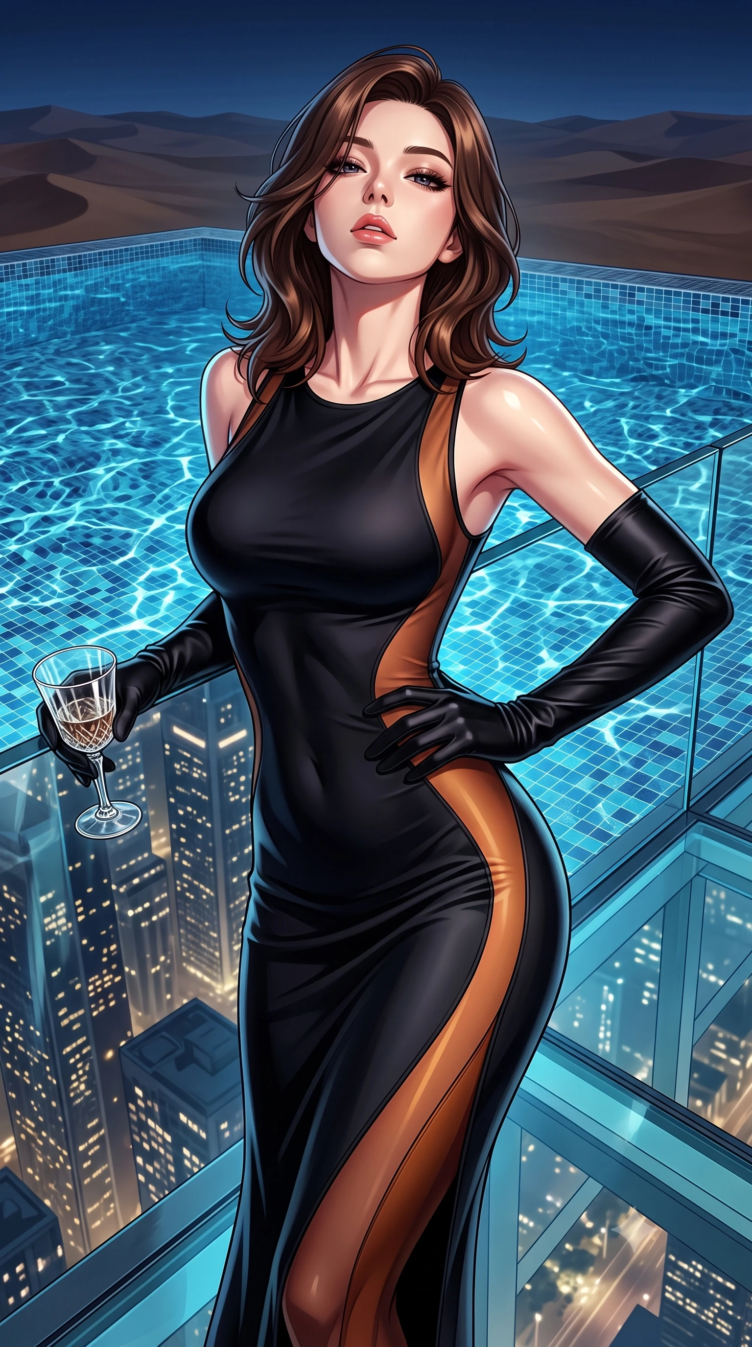 score_9, masterpiece, best quality, ultra-detailed, high-budget anime keyframe, semi-realistic 3D game render, editorial fashion photography, tasteful artistic composition, Korean woman. close-up cowboy shot from the waist and thighs up, the character dominates the composition, filling the frame with her large presence. tilting her chin up with proud, sovereign allure while gazing through thick eyelashes, one hand resting on her waist in pure supermodel charisma while leaning back against the frameless glass infinity pool edge, tilting her head back with parted glossy lips as supertall megastructures sparkle below. The surrounding environment is rendered in vivid detail and crisp panoramic clarity. sharp glass bottom floor seams, submerged mosaic tile caustics, and distant desert dune ridges in deep focus. She has an exceptionally elegant, slender, and willowy female figure with an ultra-slim waist, flat toned midriff, narrow ribcage, and sculpted feminine hips creating an alluring, slim hourglass silhouette without bulk. sharp v-shaped jawline, high-bridge nose, intricate jewel-like eyes with depth, thick eyelashes, glossy parted lips with a natural sheen, intensely captivating and seductive bedroom-eyes expression, flawlessly proportioned anatomical accuracy, strict slender model proportions, natural body alignment, perfectly sculpted long slender limbs, ultra-slim waistline, clean dynamic posture without body distortion. wearing a second-skin black silk jersey maxi dress with asymmetrical sheer mesh side panels tracing the full curve of her hip in rich copper bronze and warm amber, tailored from water-resistant treated wool gabardine and flexible stretch silk, accessorized with opera-length satin gloves and a vintage crystal glass, the glove-like aerodynamic silhouette tightly following the natural contour of her hips and long slender legs with statuesque 8.5-heads elegance. illuminated by intense specular pool water reflections sharply carving her razor-sharp jawline, narrow waist, and curvy hips. highly saturated vibrant anime colors, detailed shading with soft gradients, rich glossy textures, high-contrast stereoscopic depth, volumetric dynamic lighting, master piece, 9:16 ratio
