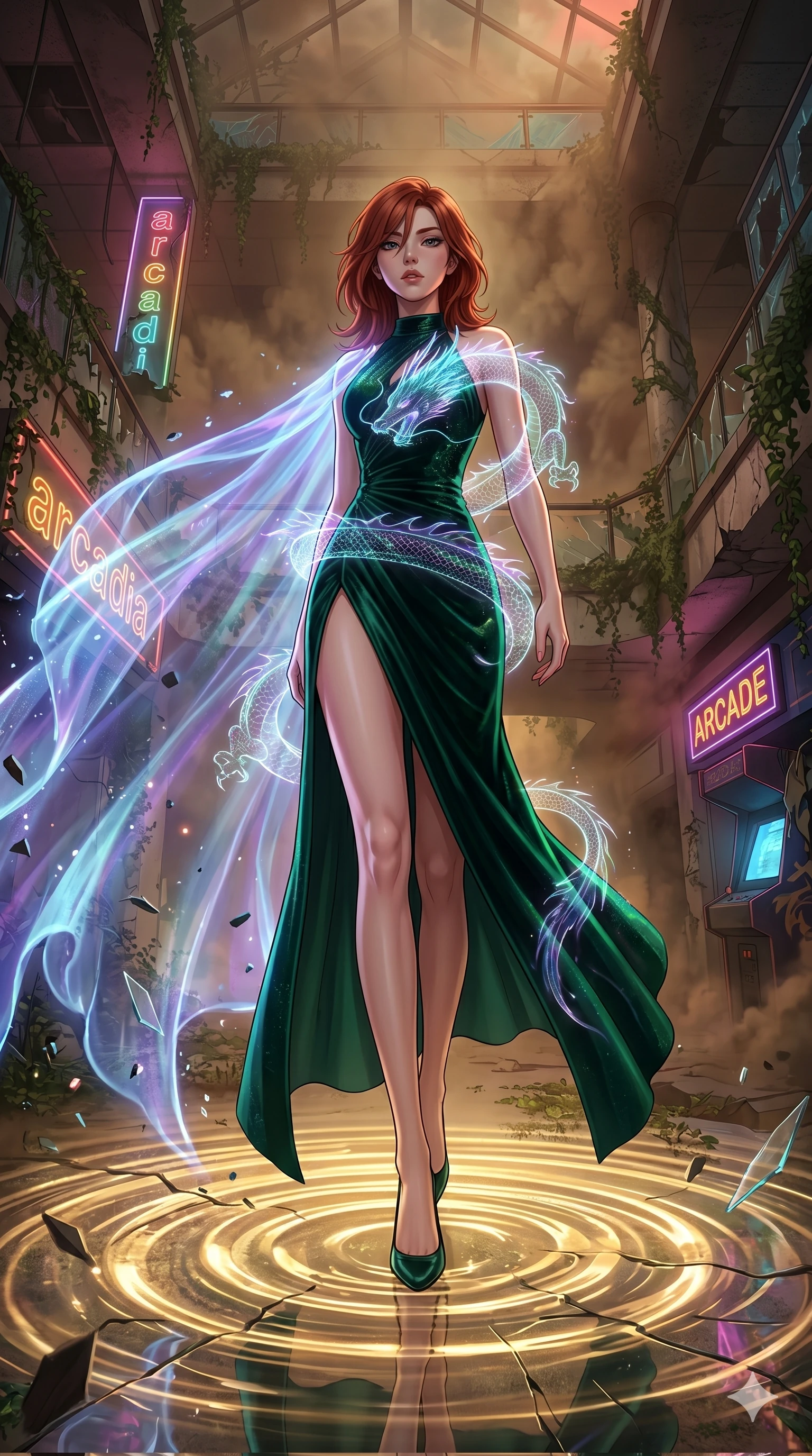 score_9, masterpiece, best quality, ultra-detailed, Set A: High-budget Anime Keyframe, Japanese woman. Low angle cowboy shot filling the entire 9:16 frame with her statuesque presence. Theme: Ethereal Dream. unleashing a massive energy wave in a ruined overgrown shopping mall, as she steps on ripples of time that distort the space 81. The atmosphere is filled with heavy smog with neon flares. She has an absolutely perfect 8-heads proportion, an exceptionally tall and slender female figure with impossibly long slender legs and an ultra-slim waist. Sharp v-shaped jawline, high-bridge nose, intricate jewel-like eyes with depth, glossy lips. Wearing High-slit velvet gown with integrated holographic projection of a dragon. Cinematic lighting, vivid colors, dramatic shadows, 2k, ultra detail, master piece, 9:16 ratio