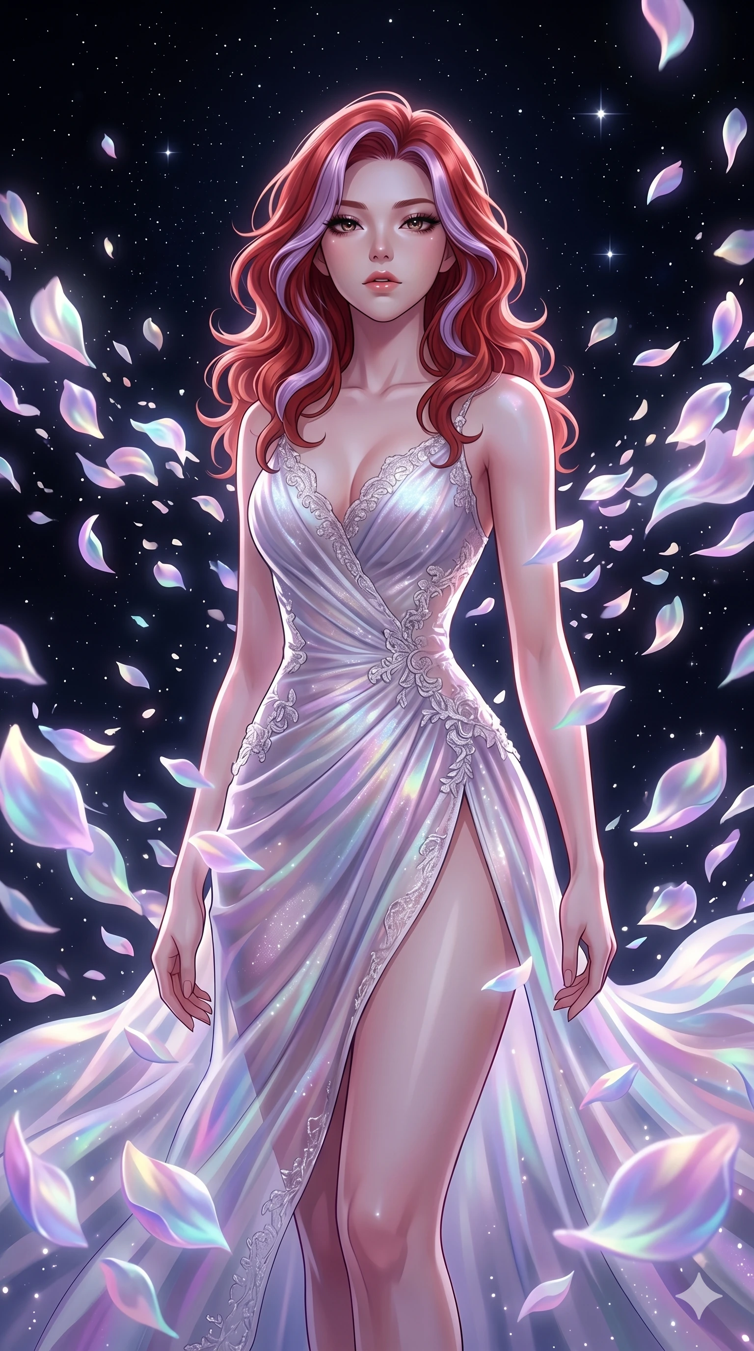 score_9, masterpiece, best quality, ultra-detailed, High-budget Anime Keyframe, East Asian woman. Low angle cowboy shot filling the entire 9:16 frame with her statuesque presence. Scenario 231: Dissolving into a cloud of iridescent silk petals in a void. Her presence is magnetic and overpowering in this high-budget anime scene. Outfit 231: A shimmering chiffon dangerous with a thigh-high slit and delicate lace embroidery. The clothing is designed to emphasize her exceptionally tall and slender 8-heads proportion. 8-heads proportion, towering silhouette, ultra-slim waist. sharp v-shaped jawline, intricate jewel-like eyes with depth, thick eyelashes, glossy lips. 2k, ultra detail, master piece, 9:16 ratio