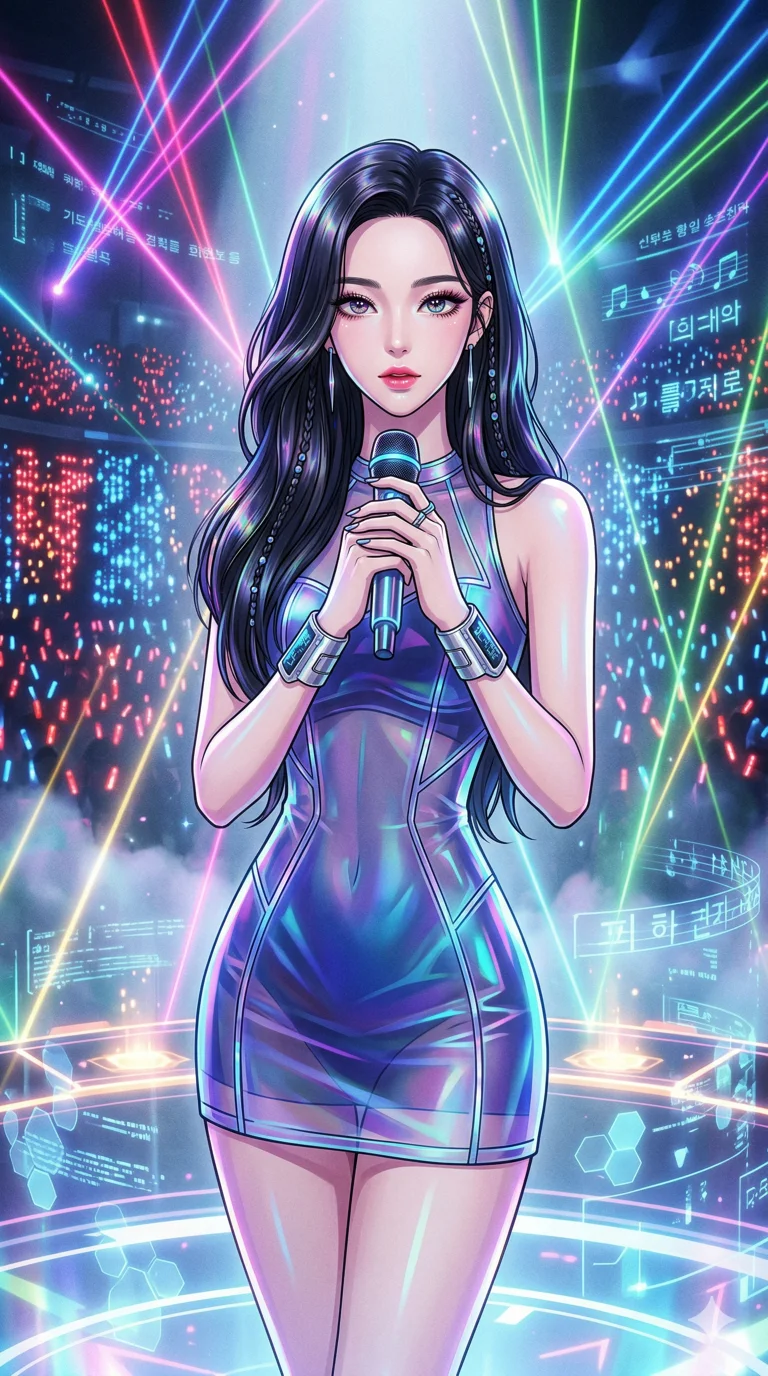 score_9, masterpiece, best quality, ultra-detailed, high-budget anime keyframe, an incredibly beautiful Korean woman. Medium shot of upper body focusing on her alluring features and slim-fit silhouette, filling the vertical 9:16 frame. She is a synthetic idol performing on a floating stage. Her figure boasts an absolutely perfect 8-heads proportion, an exceptionally tall and slender build emphasizing a delicate skinny aesthetic. Her face is a flawless masterpiece with a sharp v-shaped jawline, high-bridge nose, expressive jewel-like eyes, thick eyelashes, and perfectly glossy lips. She is wearing a sheer fabric holographic mini-dress, highlighting her alluring silhouette. A massive digital stadium with vivid laser lights and floating data streams., 2k, ultra detail, master piece, 9:16 ratio