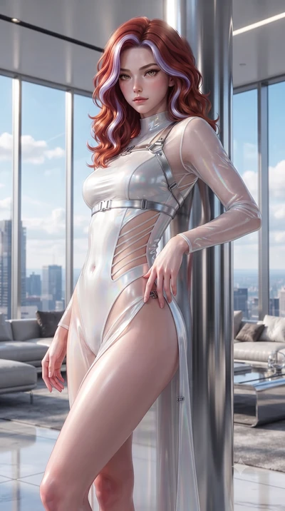 score_9, masterpiece, best quality, ultra-detailed, high-budget anime keyframe, editorial fashion photography, tasteful artistic composition, Caucasian woman. close-up cowboy shot from the waist and thighs up, the character dominates the composition,
