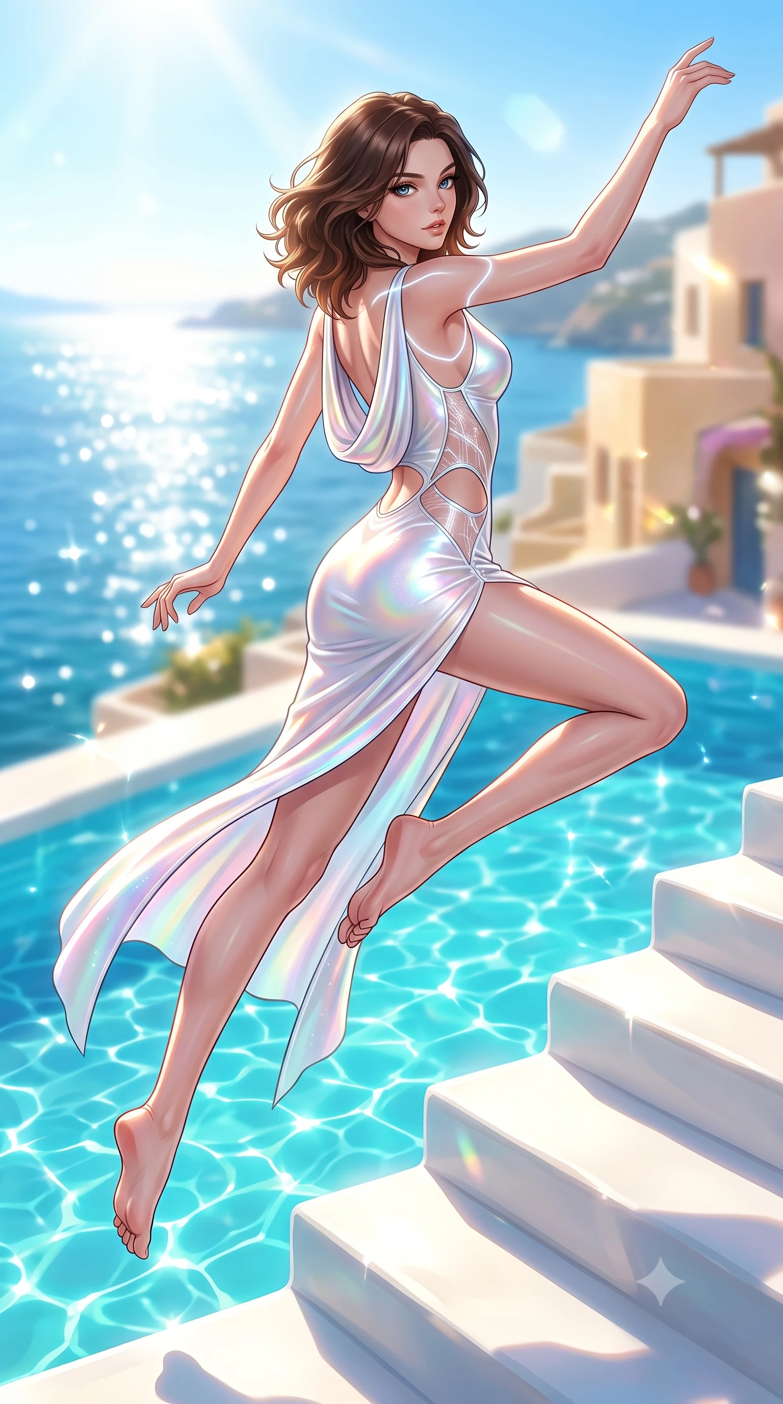 score_9, masterpiece, best quality, ultra-detailed, high-budget anime keyframe, semi-realistic 3D game render, editorial fashion photography, tasteful artistic composition, Korean woman. low angle full-body shot from head to toe showing her feet, filling the entire 9:16 vertical frame with her statuesque presence, stretching her vertical silhouette. leaping through mid-air with an athletic yet alluring arch of her spine, her impossibly long slender legs stretched in flawless poise while pivoting dynamically on white caldera steps with a breathtaking view of the sparkling sunlit Mediterranean sea. The composition keeps background elements in soft focus with creamy bokeh. brilliant Mediterranean sunlight scattering bright specular highlights across a soft-focus backdrop. She has an absolutely perfect, statuesque 8.5-heads proportion, an exceptionally tall and slender model-like female figure with impossibly long slender legs, a toned flat midriff, and an ultra-slim waist. sharp v-shaped jawline, high-bridge nose, intricate jewel-like eyes with depth, thick eyelashes, glossy lips with a natural sheen, flawlessly proportioned anatomical accuracy, strict slender model proportions, natural body alignment, perfectly sculpted long slender limbs, ultra-slim waistline, clean dynamic posture without body distortion. wearing a precision-fitted liquid jersey bodycon dress with a dramatic draped cowl back that swoops down to her waist and a high side slit in glistening liquid pearl white with rainbow opalescence, tailored from semi-translucent cybernetic vinyl with glowing micro-filaments, accented with glowing fiber-optic seams tracing her collarbones and hip curves, the precision-cut daring openings accentuating her delicate midriff, graceful bare collarbones, and ultra-slim feminine waistline. bathed in brilliant Mediterranean sunlight and glittering turquoise pool water caustics. highly saturated vibrant anime colors, detailed shading with soft gradients, rich glossy textures, high-contrast stereoscopic depth, volumetric dynamic lighting, master piece, 9:16 ratio