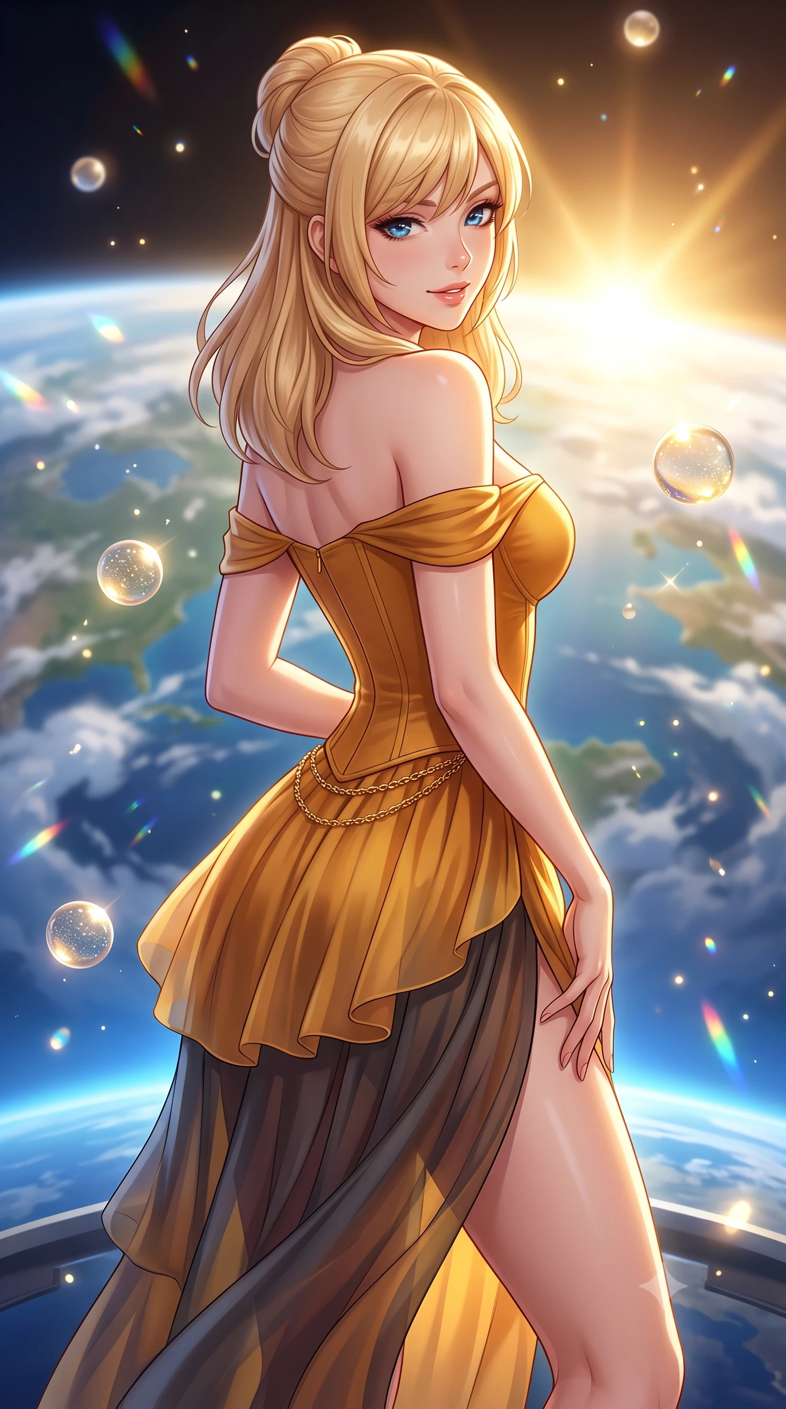 score_9, masterpiece, best quality, ultra-detailed, high-budget anime keyframe, semi-realistic 3D game render, editorial fashion photography, tasteful artistic composition, Caucasian woman. close-up cowboy shot from the waist and thighs up, the character dominates the composition, filling the frame with her large presence. turning over a bare shoulder with an intoxicating, teasing smile, her soft hair framing her sharp jawline as her hips angle gracefully while standing poised on the magnetic observation deck, twisting her slender torso in an alluring S-curve as continents and cloud swirls drift beneath her feet. The composition keeps background elements in soft focus with creamy bokeh. floating zero-gravity champagne spheres and prism reflections scattering radiant celestial light motes. She has an exceptionally elegant, slender, and willowy female figure with an ultra-slim waist, flat toned midriff, narrow ribcage, and sculpted feminine hips creating an alluring, slim hourglass silhouette without bulk. sharp v-shaped jawline, high-bridge nose, intricate jewel-like eyes with depth, thick eyelashes, glossy parted lips with a natural sheen, intensely captivating and seductive bedroom-eyes expression, flawlessly proportioned anatomical accuracy, strict slender model proportions, natural body alignment, perfectly sculpted long slender limbs, ultra-slim waistline, clean dynamic posture without body distortion. wearing an off-shoulder French court corset bodice dress paired with a tiered translucent chiffon slit skirt in molten amber-gold and dark gunmetal, tailored from water-resistant treated wool gabardine and flexible stretch silk, accented with a delicate gold chain belt resting loosely on her curvy hips, the liquid-tight tailored fabric clinging flawlessly to her narrow waist and rounded feminine hips, emphasizing every millimeter of her sculpted slim hourglass curves without any bulky heaviness. bathed in radiant golden orbital sunrise backlighting and ambient cool blue Earth glow from below. highly saturated vibrant anime colors, detailed shading with soft gradients, rich glossy textures, high-contrast stereoscopic depth, volumetric dynamic lighting, master piece, 9:16 ratio