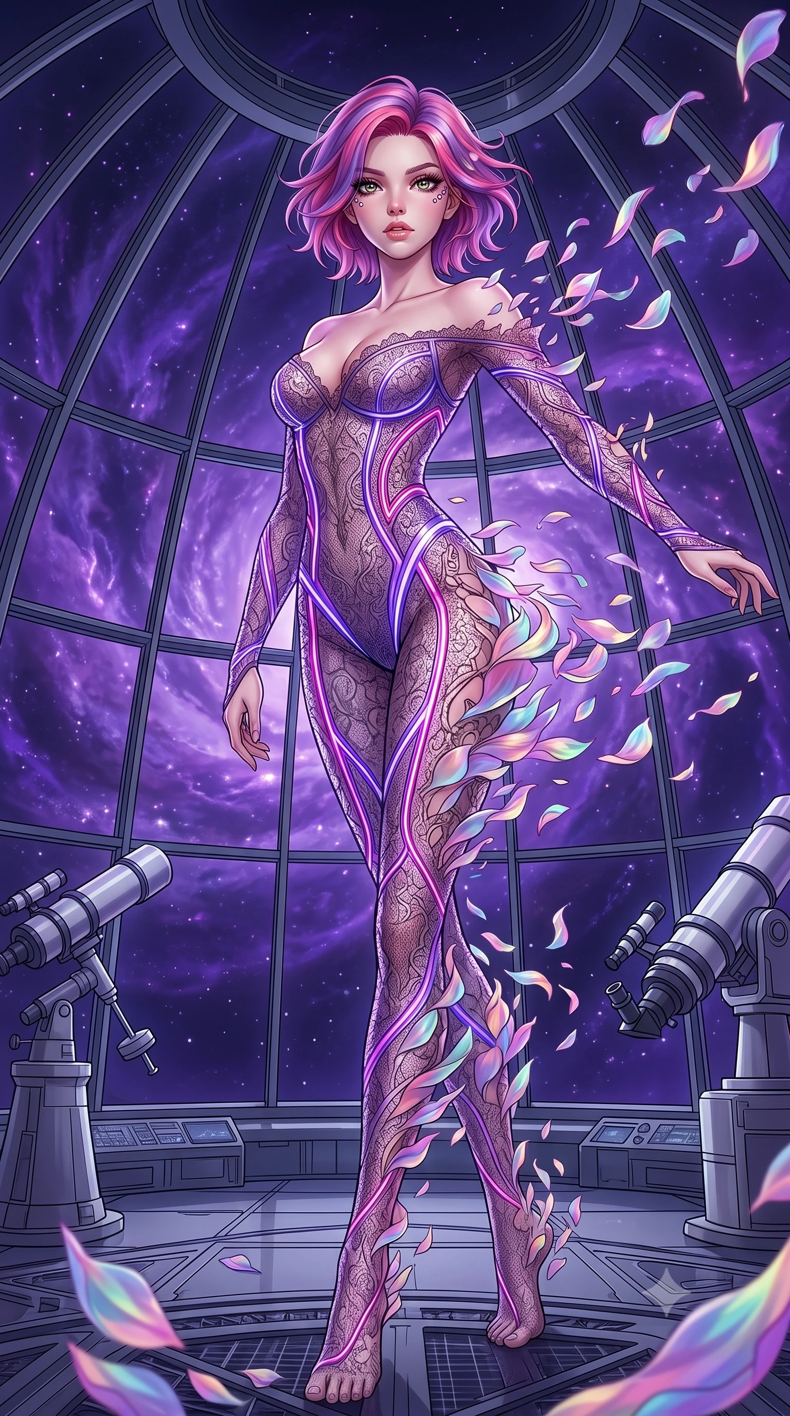 score_9, masterpiece, best quality, ultra-detailed, High-budget Anime Keyframe, Caucasian woman, strictly human ears. Dynamic full-body shot stretching the vertical silhouette to the limit. Scenario 271: dissolving into a cloud of iridescent silk petals inside a high-altitude observatory dome under a swirling violet nebula. Her presence is magnetic and overpowering in this high-budget anime scene. Outfit 271: a tailored micro-mesh lace mesh with a low-cut shoulder and glowing LED seams. The clothing is designed to emphasize her exceptionally tall and slender 8-heads proportion. 8-heads proportion, towering silhouette, ultra-slim waist. sharp v-shaped jawline, intricate jewel-like eyes with depth, thick eyelashes, glossy lips. 2k, ultra detail, master piece, 9:16 ratio