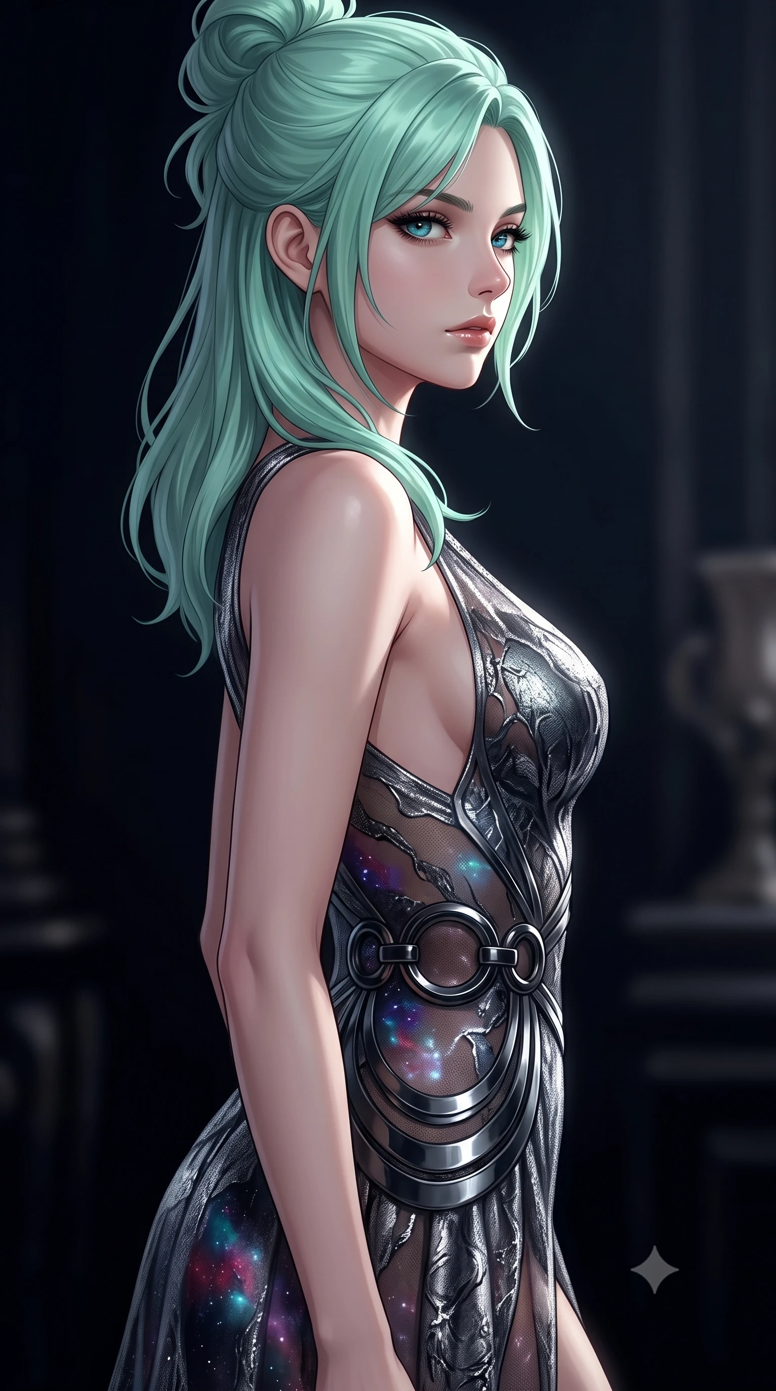 score_9, masterpiece, best quality, ultra-detailed, high-budget anime keyframe, editorial fashion photography, tasteful artistic composition, Japanese woman. close-up cowboy shot from the waist and thighs up, the character dominates the composition, filling the frame with her large presence, background elements kept in soft focus. Turning her face in sharp dramatic profile against the key light, looking composedly past the camera with quiet, sharp artistic focus, intellectual, superior aura with composed facial expression. She has an exceptionally elegant, slender, and willowy female figure with an ultra-slim waist, a gracefully sculpted slender torso, and a refined silhouette. sharp v-shaped jawline, high-bridge nose, intricate jewel-like eyes with depth, thick eyelashes, glossy lips with a natural sheen. wearing gothic nebula sheer dark lace gown with plunging neckline in metallic dark silver, made of sculpted obsidian metallic chrome, accented with sculpted obsidian chrome rings at the waist, accentuating her gracefully sculpted slender torso. surrounded by deep obsidian shadows swallowing background elements. highly saturated vibrant anime colors, detailed shading with soft gradients, rich glossy textures, high-contrast stereoscopic depth, volumetric dynamic lighting, master piece, 9:16 ratio