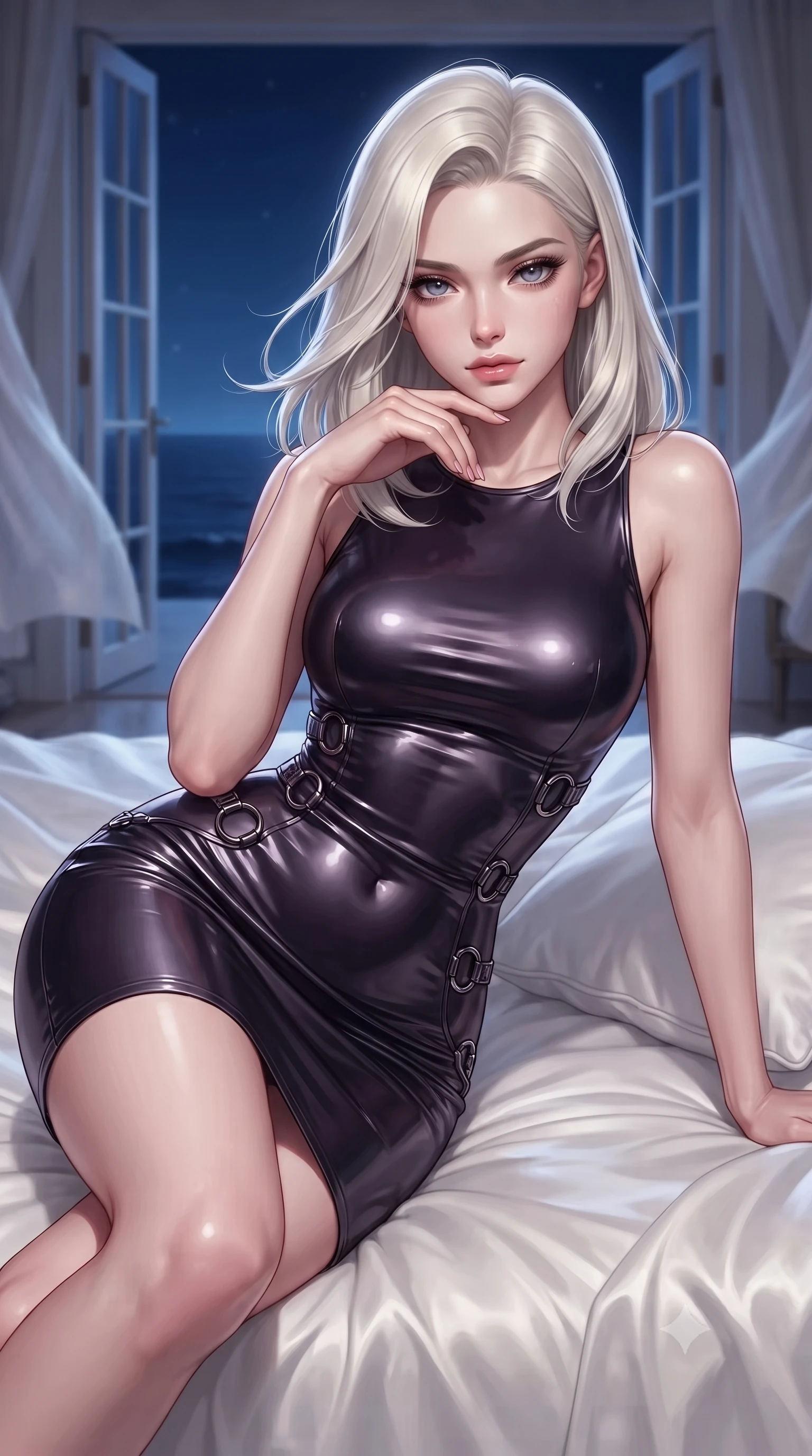 score_9, masterpiece, best quality, ultra-detailed, high-budget anime keyframe, editorial fashion photography, tasteful artistic composition, Caucasian woman. close-up cowboy shot from the waist and thighs up, the character dominates the composition, filling the frame with her large presence, background elements kept in soft focus. Resting her chin on the backs of her fingers with an air of effortless superiority, lounging on a plush white silk daybed as soft sea breezes drift through open doors, dark blue nocturnal ocean forming an endless horizon in soft focus. She has an exceptionally elegant, slender, and willowy female figure with an ultra-slim waist, a gracefully sculpted slender torso, and a refined silhouette. sharp v-shaped jawline, high-bridge nose, intricate jewel-like eyes with depth, thick eyelashes, glossy lips with a natural sheen. wearing aerodynamic second-skin dark silver metallic bodycon dress in dark plum violet, made of polished black leather, trimmed with dark chrome ring hardware along the waist contours, highlighting her statuesque proportions and ultra-slim waistline. surrounded by an airy sea-breeze ambiance with bright silver rim lights. ultra-reflective glossy finish, specular highlights, metallic sheen, high-contrast stereoscopic depth, volumetric dynamic lighting, 2k, ultra detail, master piece, 9:16 ratio