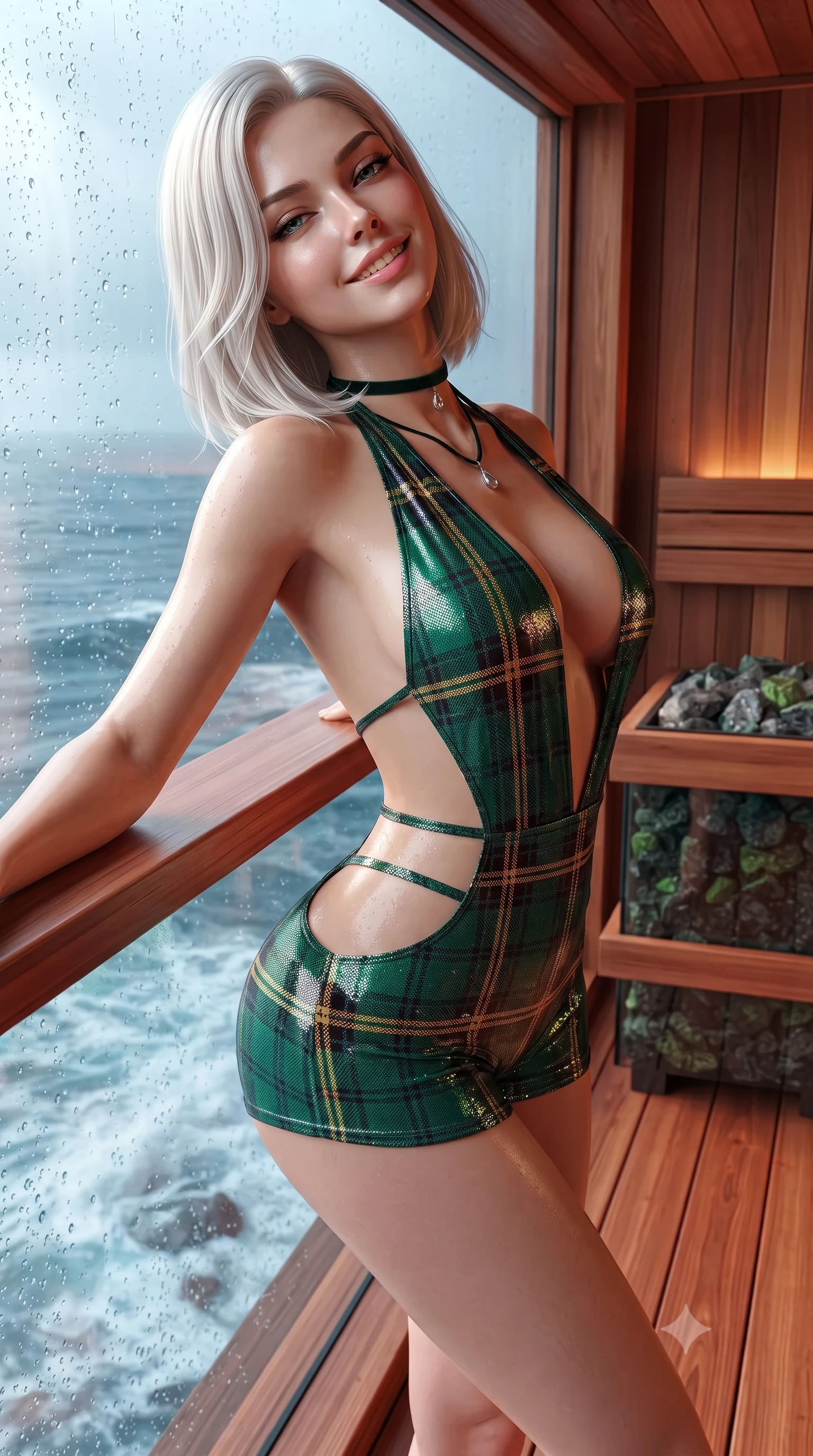 score_9, masterpiece, best quality, ultra-detailed, high-budget anime keyframe, editorial fashion photography, tasteful artistic composition, Caucasian woman. close-up cowboy shot from the waist and thighs up, the character dominates the composition, filling the frame with her large presence. leaning back against the balustrade with relaxed seductive grace, head tilted back slightly while casting a hypnotic, heavy-lidded gaze while standing poised on the aromatic red cedar deck inside the cantilevered oceanfront sauna, arching her lower back with wet-look siren grace as Arctic swells crash below. The surrounding environment is rendered in vivid detail and crisp panoramic clarity: sharp red cedar plank textures, heated volcanic peridotite stove rocks, and water droplet beads on structural glass in deep focus. She has an exceptionally elegant, slender, and willowy female figure with an ultra-slim waist, flat toned midriff, narrow ribcage, and sculpted feminine hips creating an alluring, slim hourglass silhouette without bulk. sharp v-shaped jawline, high-bridge nose, intricate jewel-like sparkling eyes with depth, thick eyelashes, glossy parted lips with a natural peach sheen, bright cheerful beaming smile with an enchanting and coquettish sensual glint, exuding both youthful cute charm and seductive allure, flawlessly proportioned anatomical accuracy, strict slender model proportions, natural body alignment, perfectly sculpted long slender limbs, ultra-slim waistline, clean dynamic posture without body distortion. wearing a daring low-cut halterneck romper with exposed midriff and strappy hip cutouts in Balmoral royal tartan emerald and gilded brass, crafted from stretch micro-mesh with liquid foil coating that shimmers with every movement, finished with a thin velvet ribbon choker and a single teardrop diamond pendant, the form-contouring silhouette accentuating her sculpted flat midriff, narrow delicate ribcage, and gracefully curvy hips with intoxicating allure. illuminated by cedar wood bounce and sharp copper-cyan rim lights defining her dewy collarbones, ultra-slim waist, and curvy hips. ultra-reflective glossy finish, specular highlights, rich textural contrasts, high-contrast stereoscopic depth, volumetric dynamic lighting, 2k, ultra detail, master piece, 9:16 ratio