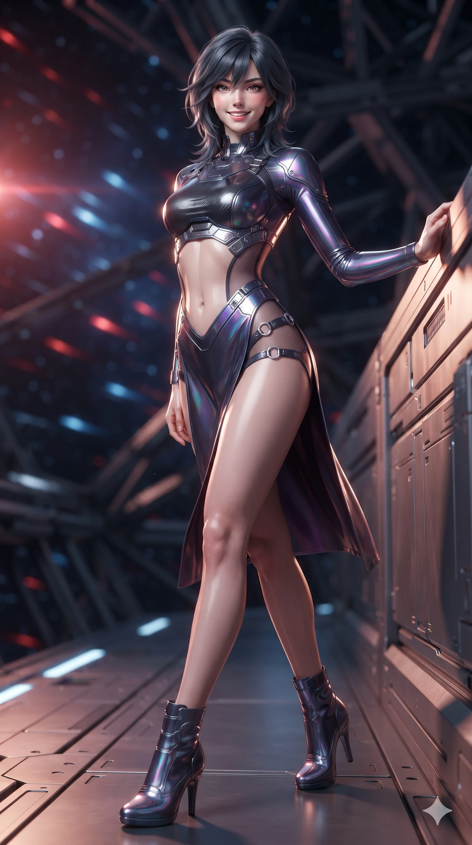 score_9, masterpiece, best quality, ultra-detailed, high-budget anime keyframe, editorial fashion photography, tasteful artistic composition, Caucasian woman. low angle full-body shot from head to toe showing her feet, filling the entire 9:16 vertical frame with her statuesque presence, stretching her vertical silhouette. stepping forward in a confident stride along the catwalk, her long slender legs and curvaceous hips creating a dynamic, sweeping vertical line while leaning against the maintenance bulkhead with relaxed seductive grace, her flat midriff and narrow waist highlighted as laser ambient light traces her curves while twisting her slender torso in an alluring S-curve, extreme relativistic Doppler-shifted light painting her narrow waist and curvy hips in fire. The background shows a soft-focus relativistic Doppler particulate glow softened in deep-space observatory shallow focus. She has an absolutely perfect, statuesque 8.5-heads proportion, an exceptionally tall and slender model-like female figure with impossibly long slender legs, an ultra-slim waist, a flat toned midriff, narrow delicate ribcage, and beautifully sculpted feminine hips creating a graceful, slim hourglass silhouette without any bulky heaviness. sharp v-shaped jawline, high-bridge nose, intricate jewel-like sparkling eyes with depth, thick eyelashes, glossy parted lips with a natural sheen, bright confident smile with an enchanting and coquettish sensual glint, exuding both youthful magnetic charm and sovereign high-tech allure, flawlessly proportioned anatomical accuracy, strict slender model proportions, natural body alignment, perfectly sculpted long slender limbs, ultra-slim waistline, clean dynamic posture without body distortion. wearing a cyber-samurai tactical suit featuring a shortened carbon chestplate and high-slit armored wrap skirt in iridescent dark chrome and holographic violet, featuring strategic sheer-illusion tulle side panels framing her ribcage and hips, finished with sharp laser-cut side ventilation slits framed by silver hardware rings, the liquid-tight tailored fabric clinging flawlessly to her narrow waist and rounded feminine hips, emphasizing every millimeter of her sculpted slim hourglass curves without any bulky heaviness. illuminated by viewport reflection bounce and sharp gold-crimson rim lights sculpting her razor-sharp jawline, narrow waist, and curvy hips. ultra-reflective glossy finish, specular highlights, rich textural contrasts, high-contrast stereoscopic depth, volumetric dynamic lighting, 2k, ultra detail, master piece, 9:16 ratio