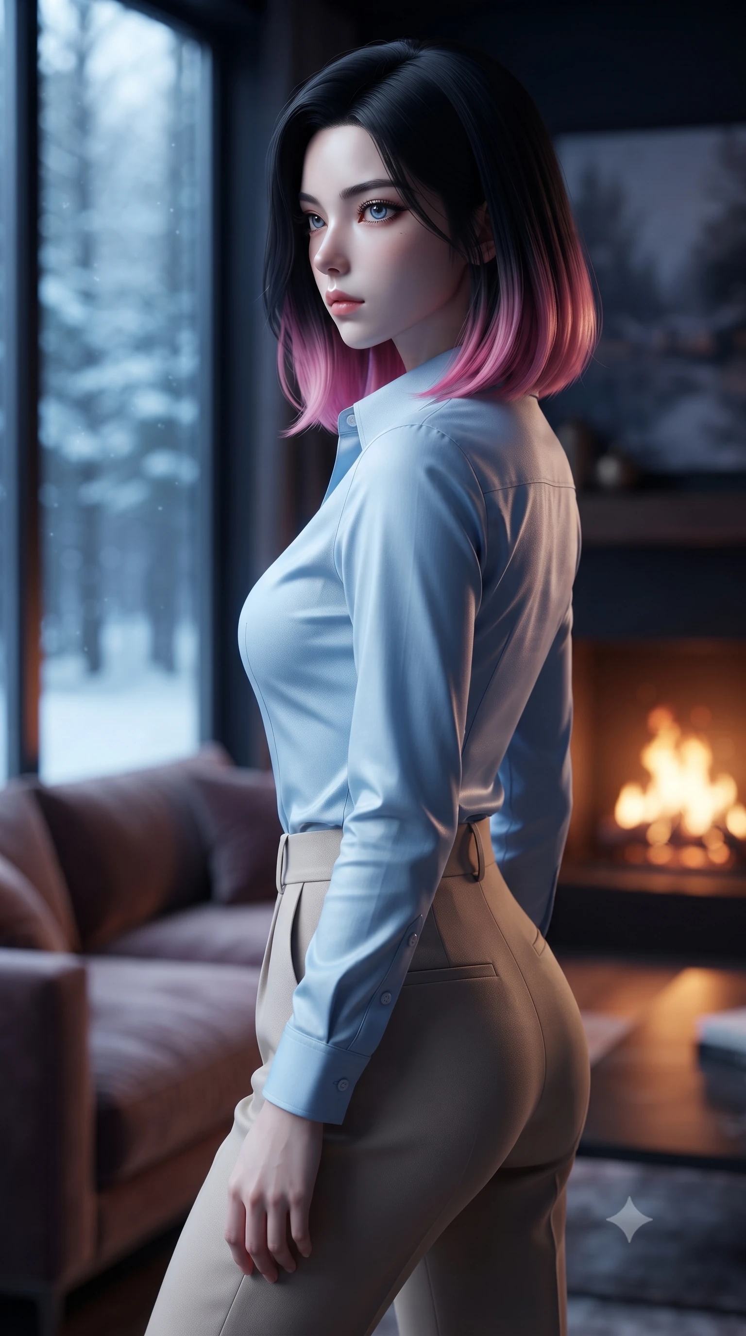 score_9, masterpiece, best quality, ultra-detailed, high-budget anime keyframe, editorial fashion photography, tasteful artistic composition, Korean woman woman. close-up cowboy shot from the waist and thighs up, the character dominates the composition, filling the frame with her large presence, background elements kept in soft focus. turning her face in sharp profile, casting a cold, mysterious, yet intensely alluring side gaze, the background shows a soft-focus a private lounge area with a fireplace and plush velvet sofa, facing snowy woods outside. She has an exceptionally elegant, slender, and willowy female figure with an ultra-slim waist, a gracefully sculpted slender torso, and a refined silhouette. sharp v-shaped jawline, high-bridge nose, intricate jewel-like eyes with depth, thick eyelashes, glossy lips with a natural sheen. wearing a form-contouring tailored linen dress shirt in soft sky blue, tucked into high-waisted sand trousers. the warm orange flicker of the hearth fire casting cozy, intimate shadows. ultra-reflective glossy finish, specular highlights, metallic sheen, high-contrast stereoscopic depth, volumetric dynamic lighting, 2k, ultra detail, master piece, 9:16 ratio