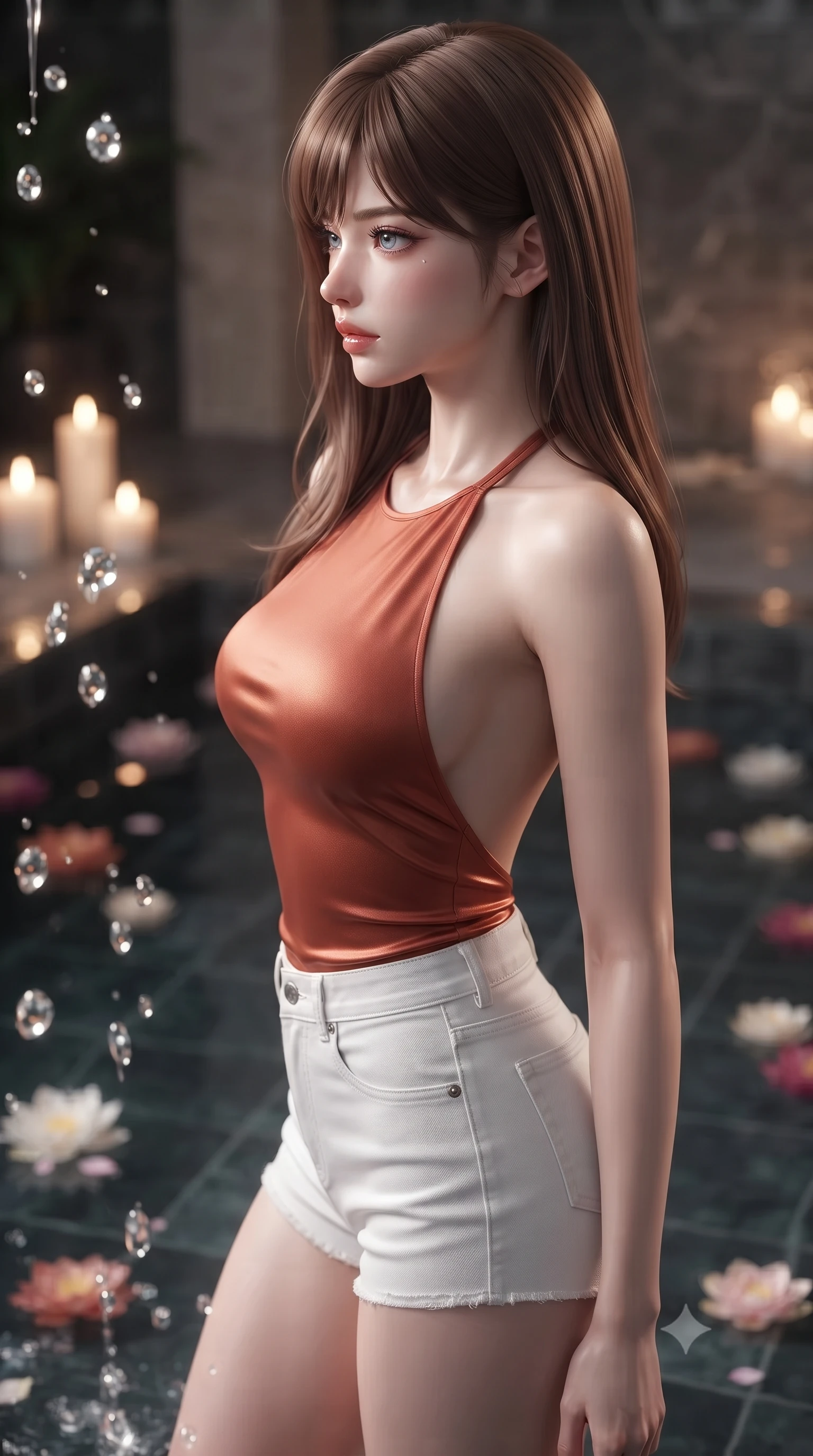 score_9, masterpiece, best quality, ultra-detailed, high-budget anime keyframe, editorial fashion photography, tasteful artistic composition, Korean woman woman. close-up cowboy shot from the waist and thighs up, the character dominates the composition, filling the frame with her large presence, background elements kept in soft focus. turning her face in sharp profile, casting a cold, mysterious, yet intensely alluring side gaze, the background shows a soft-focus a private indoor spa pool with dark tiled floors and floating flower blossoms. She has an exceptionally elegant, slender, and willowy female figure with an ultra-slim waist, a gracefully sculpted slender torso, and a refined silhouette. sharp v-shaped jawline, high-bridge nose, intricate jewel-like eyes with depth, thick eyelashes, glossy lips with a natural sheen. wearing a form-contouring backless halter top in terracotta red, paired with white denim micro-shorts. soft flickering candle glow refracting through the moving water droplets. ultra-reflective glossy finish, specular highlights, metallic sheen, high-contrast stereoscopic depth, volumetric dynamic lighting, 2k, ultra detail, master piece, 9:16 ratio