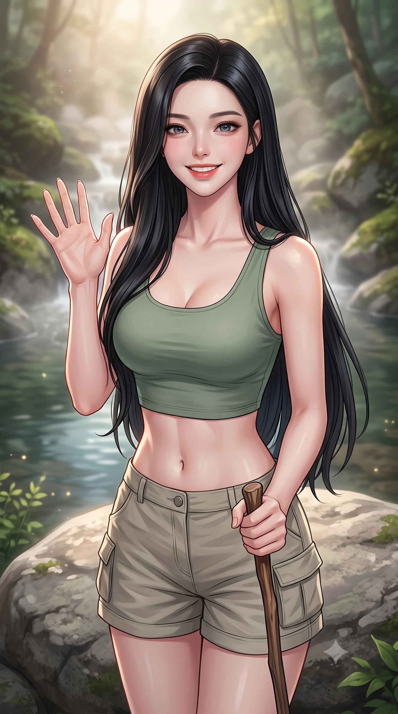 score_9, masterpiece, best quality, ultra-detailed, high-budget anime keyframe, editorial fashion photography, tasteful artistic composition, Korean woman. close-up cowboy shot from the waist and thighs up, the character dominates the composition, filling the frame with her large presence, background elements kept in soft focus. flashing a sweet, beaming smile while waving one hand gently toward the camera set against a soft-focus background of on a smooth stone next to a quiet forest creek pool surrounded by mossy rocks holding a small wooden walking stick with a bright, active smile. She has an exceptionally elegant, slender, and willowy female figure with an ultra-slim waist, a gracefully sculpted slender torso, and a refined silhouette. sharp v-shaped jawline, high-bridge nose, intricate jewel-like eyes with depth, thick eyelashes, glossy lips with a natural sheen. wearing slim-fit stylish crop top in sage green, paired with lightweight cargo shorts. soft morning mist rising from the stream, diffusing the warm starlight. highly saturated vibrant anime colors, detailed shading with soft gradients, rich glossy textures, high-contrast stereoscopic depth, volumetric dynamic lighting, master piece, 9:16 ratio