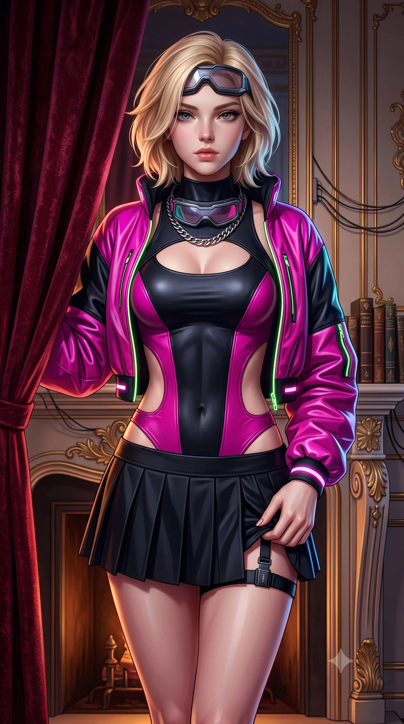 score_9, masterpiece, best quality, ultra-detailed, high-budget anime keyframe, semi-realistic 3D game render, editorial fashion photography, tasteful artistic composition, Caucasian woman. close-up cowboy shot from the waist and thighs up, the character dominates the composition, filling the frame with her large presence. holding her hands loosely in front with regal, aristocratic poise, radiating an overwhelming high-society aura while pivoting dynamically behind a heavy velvet curtain in a dimly lit VIP corridor, concealing a miniature data drive in her garter. The surrounding environment is rendered in vivid detail and crisp panoramic clarity. detailed baroque fireplace mantels, concealed listening device wires, and antique book spines in high clarity. She has an exceptionally elegant, slender, and willowy female figure with an ultra-slim waist, a gracefully sculpted slender torso, toned flat midriff, and a refined slim silhouette. sharp v-shaped jawline, high-bridge nose, intricate jewel-like eyes with depth, thick eyelashes, glossy lips with a natural sheen, captivating and magnetic expression, flawlessly proportioned anatomical accuracy, strict slender model proportions, natural body alignment, perfectly sculpted long slender limbs, ultra-slim waistline, clean dynamic posture without body distortion. wearing a daring cutout cyberpunk bodysuit paired with an oversized neon-accented bomber jacket and pleated micro-skirt in matte black and vivid magenta, tailored from second-skin aerodynamic stretch vinyl and insulated satin, accessorized with a chunky silver chain necklace and cyber-visor goggles resting on her brow, the liquid-tight tailored fabric emphasizing every curve of her tall, slender model proportions and sculptured silhouette during dynamic movement. surrounded by an enigmatic, enchanting, and lethal undercover spy duchess aura. highly saturated vibrant anime colors, detailed shading with soft gradients, rich glossy textures, high-contrast stereoscopic depth, volumetric dynamic lighting, master piece, 9:16 ratio