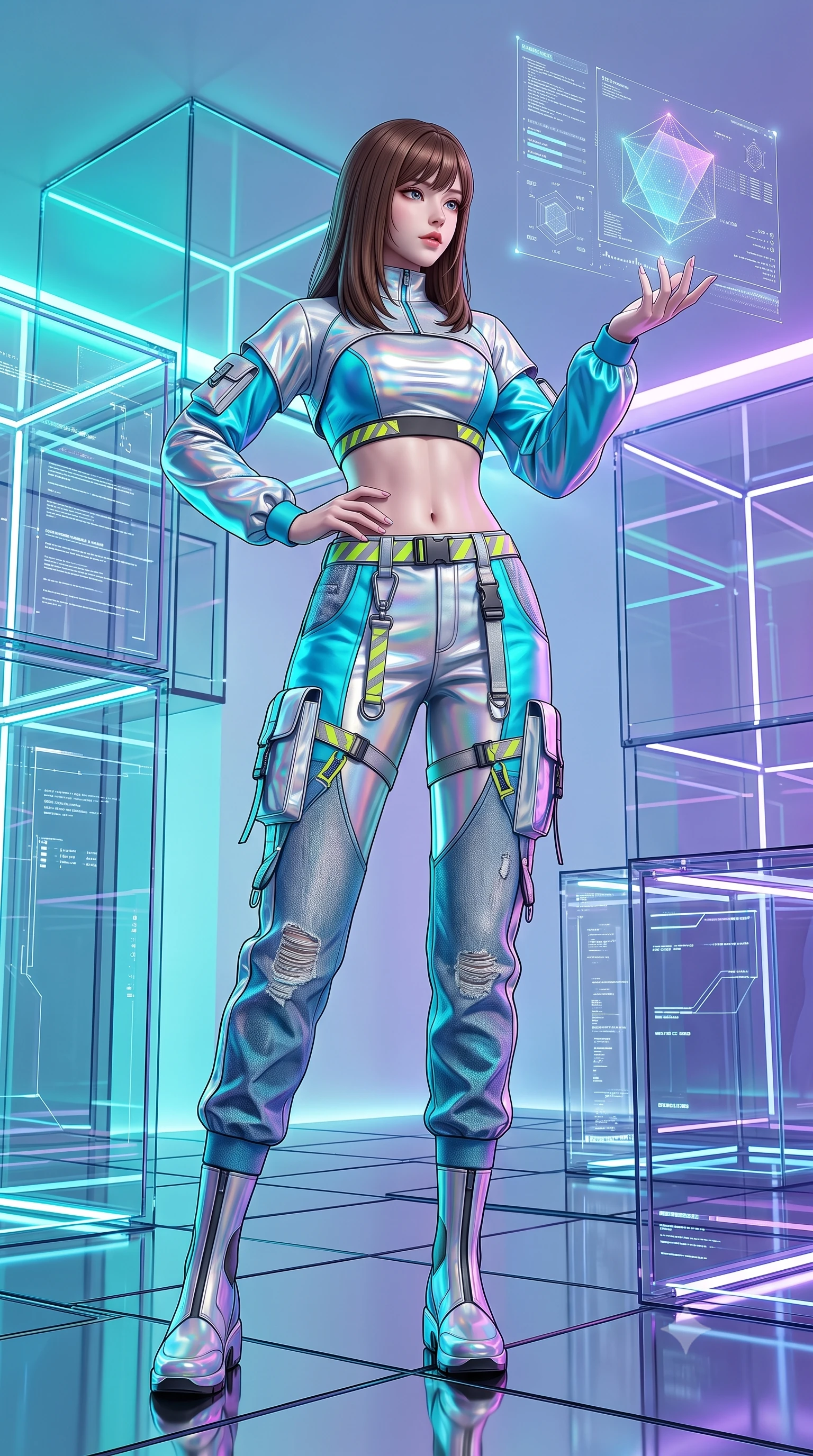 score_9, masterpiece, best quality, ultra-detailed, high-budget anime keyframe, semi-realistic 3D game render, editorial fashion photography, tasteful artistic composition, Korean woman. low angle full-body shot from head to toe showing her feet, filling the entire 9:16 vertical frame with her statuesque presence, stretching her vertical silhouette. standing poised with one hip cocked in an alluring high-fashion pose, her tall 8.5-heads proportions dominating the scene while reaching out one manicured hand to interact with a floating holographic geometry display with an intrigued expression. The surrounding environment is rendered in vivid detail and crisp panoramic clarity. crisp acrylic cube edges, internal LED filament circuits, and mirror-floor seams in deep focus. She has an absolutely perfect, statuesque 8.5-heads proportion, an exceptionally tall and slender model-like female figure with impossibly long slender legs, a toned flat midriff, and an ultra-slim waist. sharp v-shaped jawline, high-bridge nose, intricate jewel-like eyes with depth, thick eyelashes, glossy lips with a natural sheen, captivating and magnetic expression, flawlessly proportioned anatomical accuracy, strict slender model proportions, natural body alignment, perfectly sculpted long slender limbs, ultra-slim waistline, clean dynamic posture without body distortion. wearing an aerodynamic athletic crop pullover with detachable sleeves and high-waist techwear joggers in holographic silver and electric cyan, tailored from distressed structured cotton denim with metallic thread, finished with reflective safety hazard tape details and carabiner clips, the form-contouring material adhering flawlessly to her sculpted flat midriff and slender torso, emphasizing her long leg lines and perfectly proportioned willowy build. bathed in dynamic color-shifting LED ambient illumination and pure white spotlight fill. highly saturated vibrant anime colors, detailed shading with soft gradients, rich glossy textures, high-contrast stereoscopic depth, volumetric dynamic lighting, master piece, 9:16 ratio