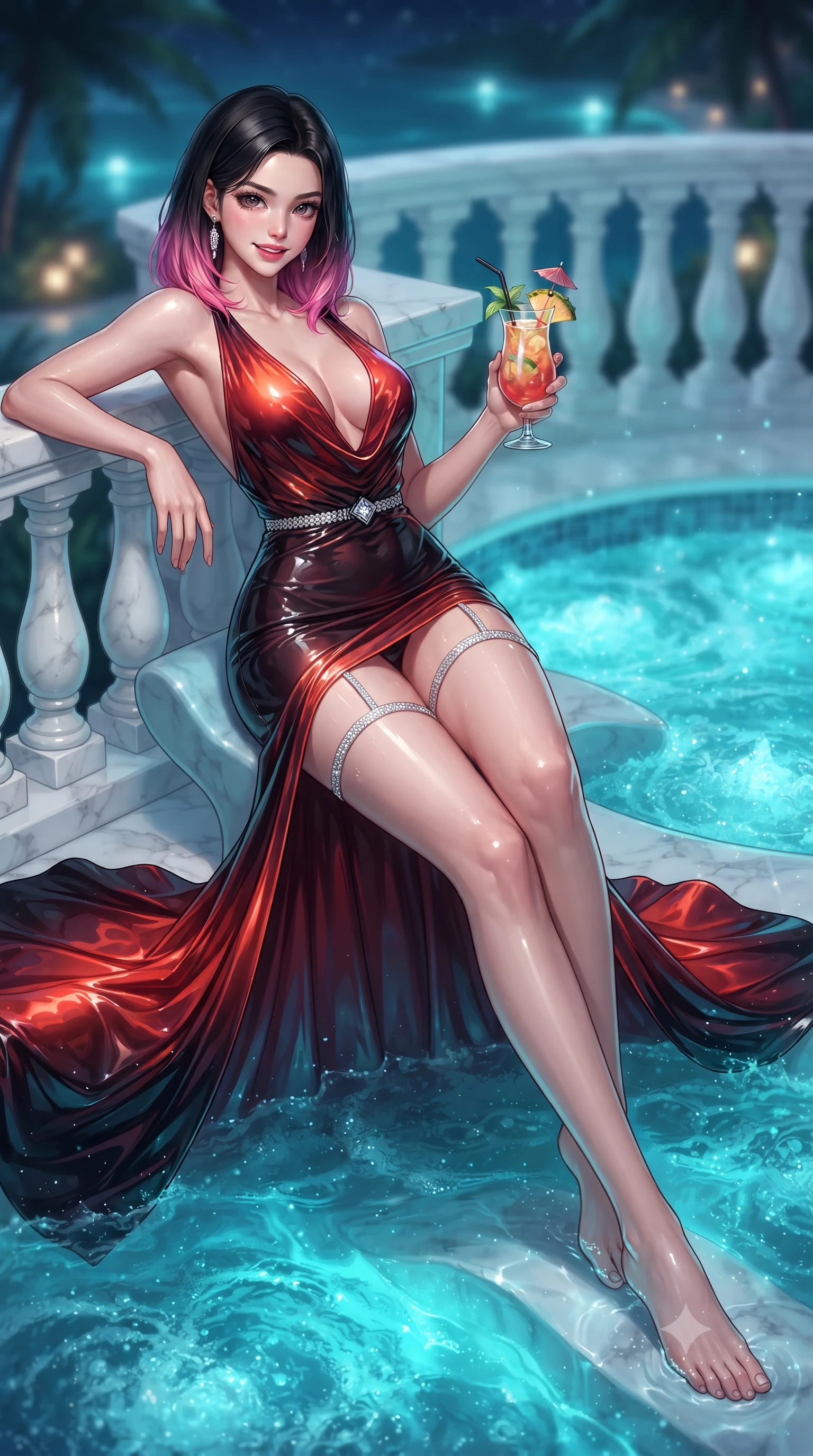 score_9, masterpiece, best quality, ultra-detailed, high-budget anime keyframe, editorial fashion photography, tasteful artistic composition, Korean woman. low angle full-body shot from head to toe showing her feet, filling the entire 9:16 vertical frame with her statuesque presence, stretching her vertical silhouette. leaning deep against the balcony balustrade with hips cocked back in an unapologetically alluring high-fashion stance, casting an intoxicating glance while lounging gracefully on the submerged contoured seat with legs extended, holding a tropical cocktail with an irresistible, parted-lip smile. The background shows a soft-focus bubbling hydrotherapy jet rings softened in intimate tropical luxury shallow focus. She has an absolutely perfect, statuesque 8.5-heads proportion, an exceptionally tall and slender model-like female figure with impossibly long slender legs, an ultra-slim waist, a flat toned midriff, narrow delicate ribcage, and beautifully sculpted feminine hips creating a graceful, slim hourglass silhouette without any bulky heaviness. sharp v-shaped jawline, high-bridge nose, sparkling eyes with hypnotic seductive depth, thick curled eyelashes, glossy parted lips with a natural dewy peach sheen, alluring bedroom-eyes with an enchanting coquettish smile, exuding magnetic siren charisma and sophisticated glamour, flawlessly proportioned anatomical accuracy, strict slender model proportions, natural body alignment, perfectly sculpted long slender limbs, ultra-slim waistline, clean dynamic posture without body distortion. wearing a plunging cowl-neck liquid silk evening gown with dramatic train and diamond-accented waist cinch in Pudong electric vermilion and obsidian lacquer, crafted from wet-look high-gloss vinyl fabric with dazzling specular surface reflections, finished with delicate crystal-encrusted thigh garter straps glinting in the dim light, the second-skin tailored fabric adhering flawlessly to her sculpted flat midriff and slender torso, emphasizing her long leg lines and perfectly proportioned willowy build. bathed in supernatural glowing neon-cyan light radiating upward from bioluminescent lagoon waters mixed with celestial starlight. ultra-reflective glossy finish, specular highlights, rich textural contrasts, high-contrast stereoscopic depth, volumetric dynamic lighting, 2k, ultra detail, master piece, 9:16 ratio